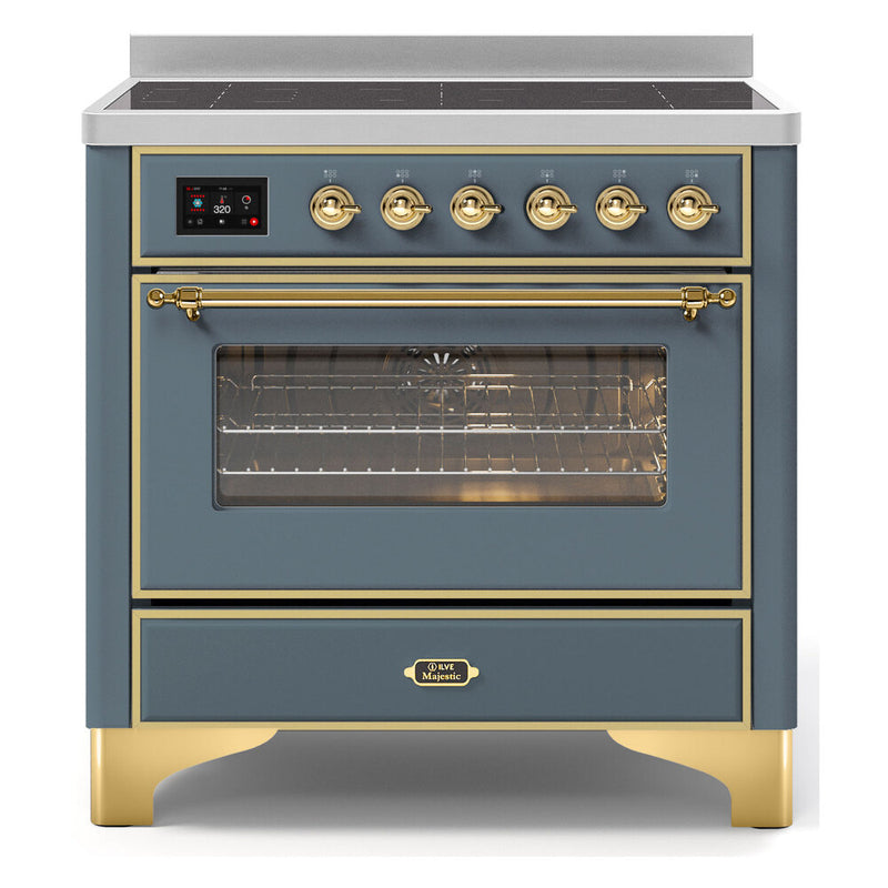 ILVE 36-Inch Majestic II Series Freestanding Electric Single Windowed Solid Door Oven Range with 5 Elements in Blue Grey with Brass Trim (UMI09NS3BGG)