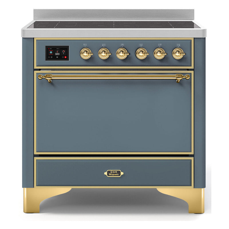 ILVE 36-Inch Majestic II Series Freestanding Electric Single Solid Door Oven Range with 5 Elements in Blue Grey with Brass Trim (UMI09QNS3BGG)