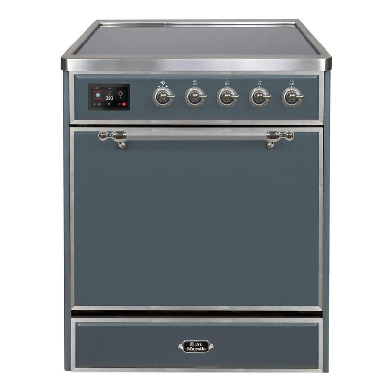 ILVE 30-Inch Majestic II Series Freestanding Electric Single Solid Door Oven Range with 4 Elements in Blue Grey with Chrome Trim (UMI30QNE3BGC)