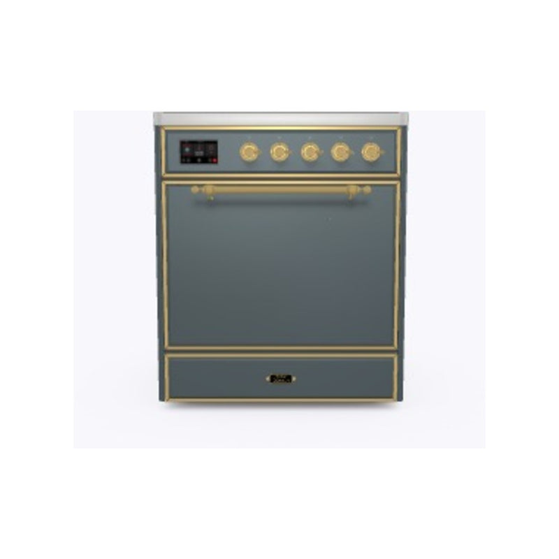 ILVE 30-Inch Majestic II Series Freestanding Electric Single Solid Door Oven Range with 4 Elements in Blue Grey with Brass Trim (UMI30QNE3BGG)