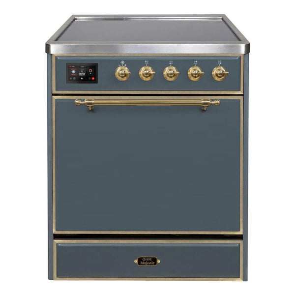 ILVE 30-Inch Majestic II Series Freestanding Electric Single Solid Door Oven Range with 4 Elements in Blue Grey with Brass Trim (UMI30QNE3BGG)