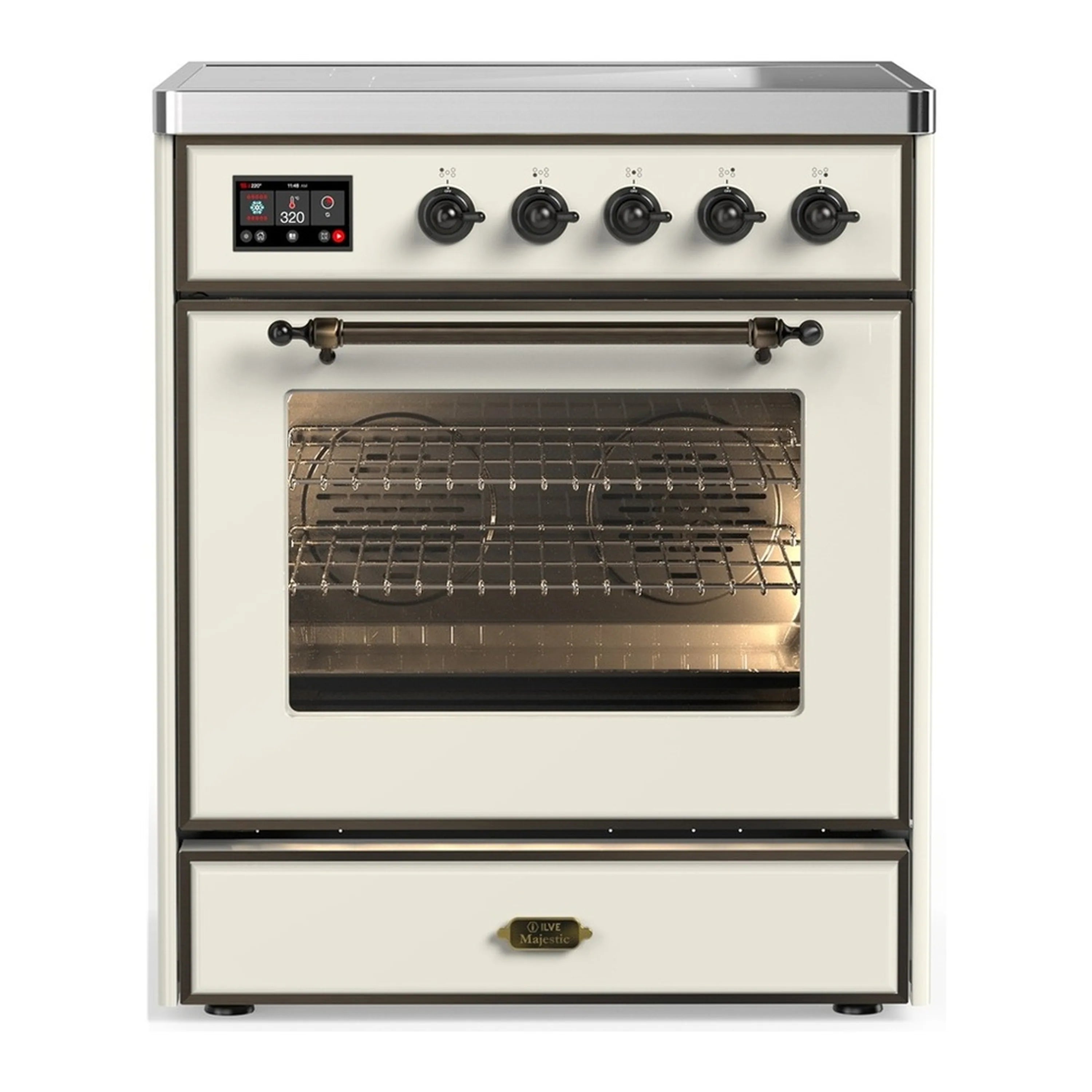 Antique white induction range with four knobs and digital oven control panel