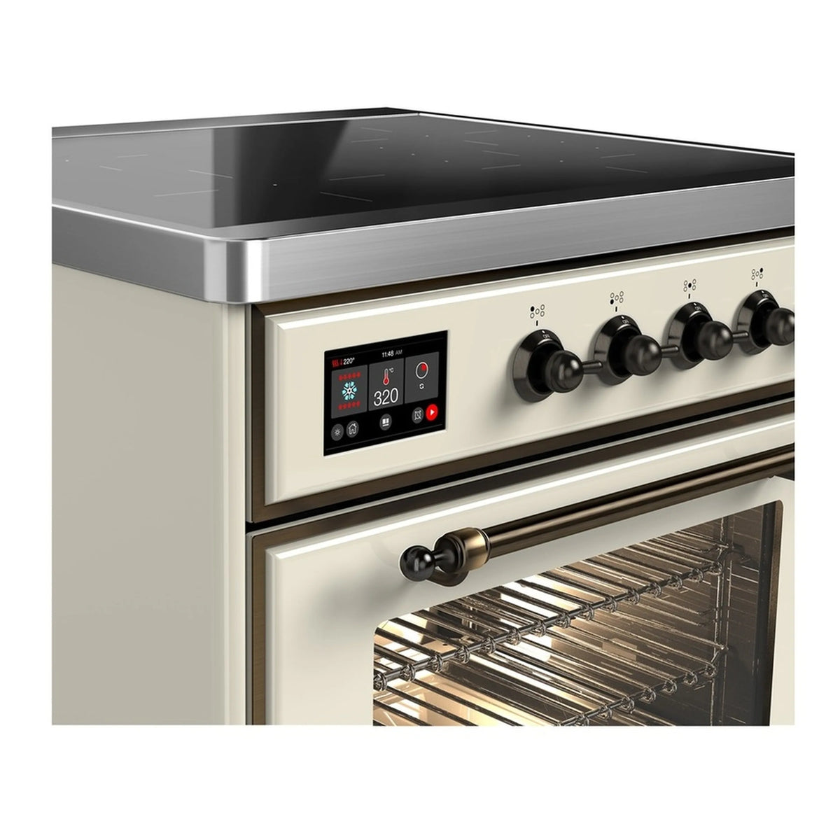 Antique white induction range side view with control panel and open oven door