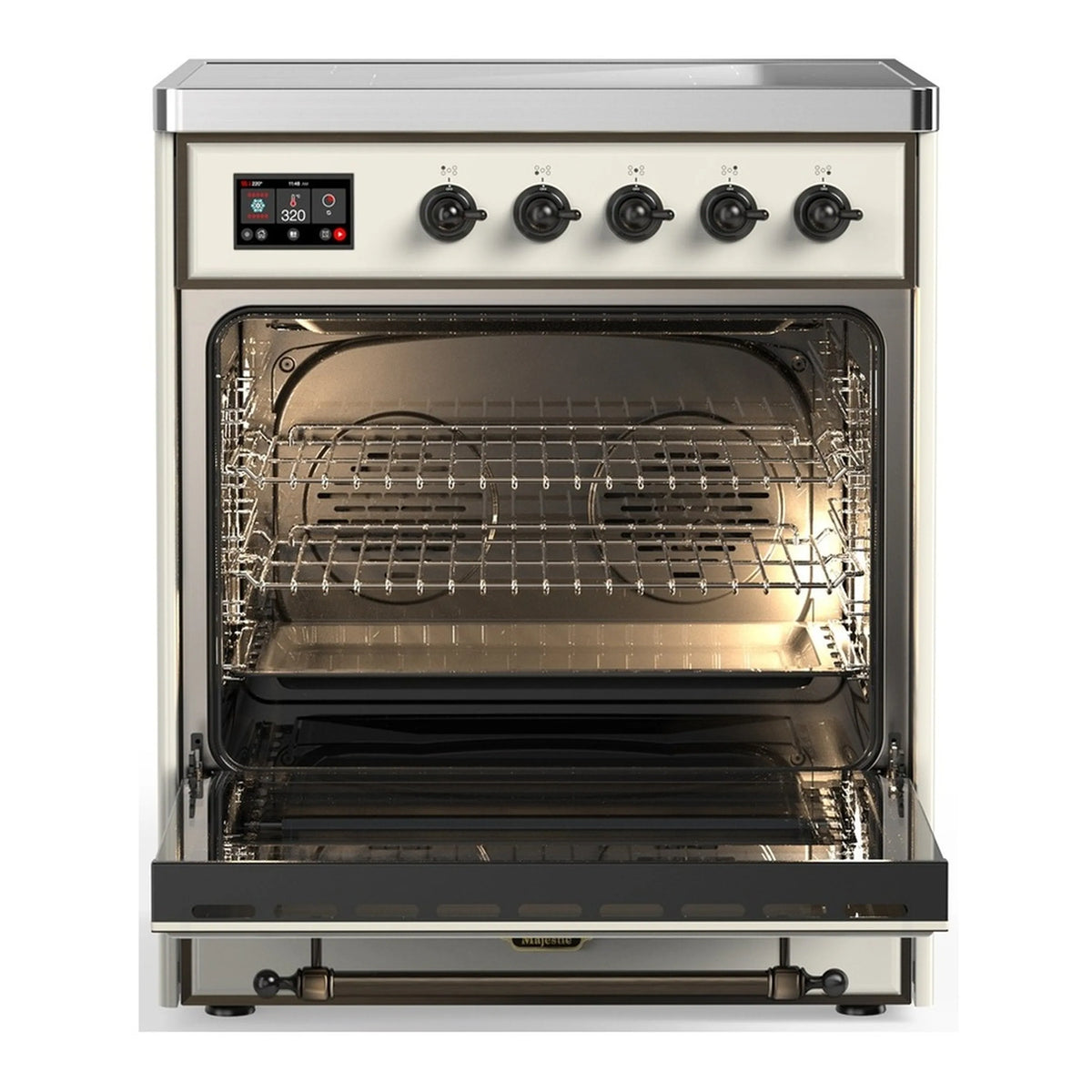 Antique white induction range with oven door open, racks and interior heating visible