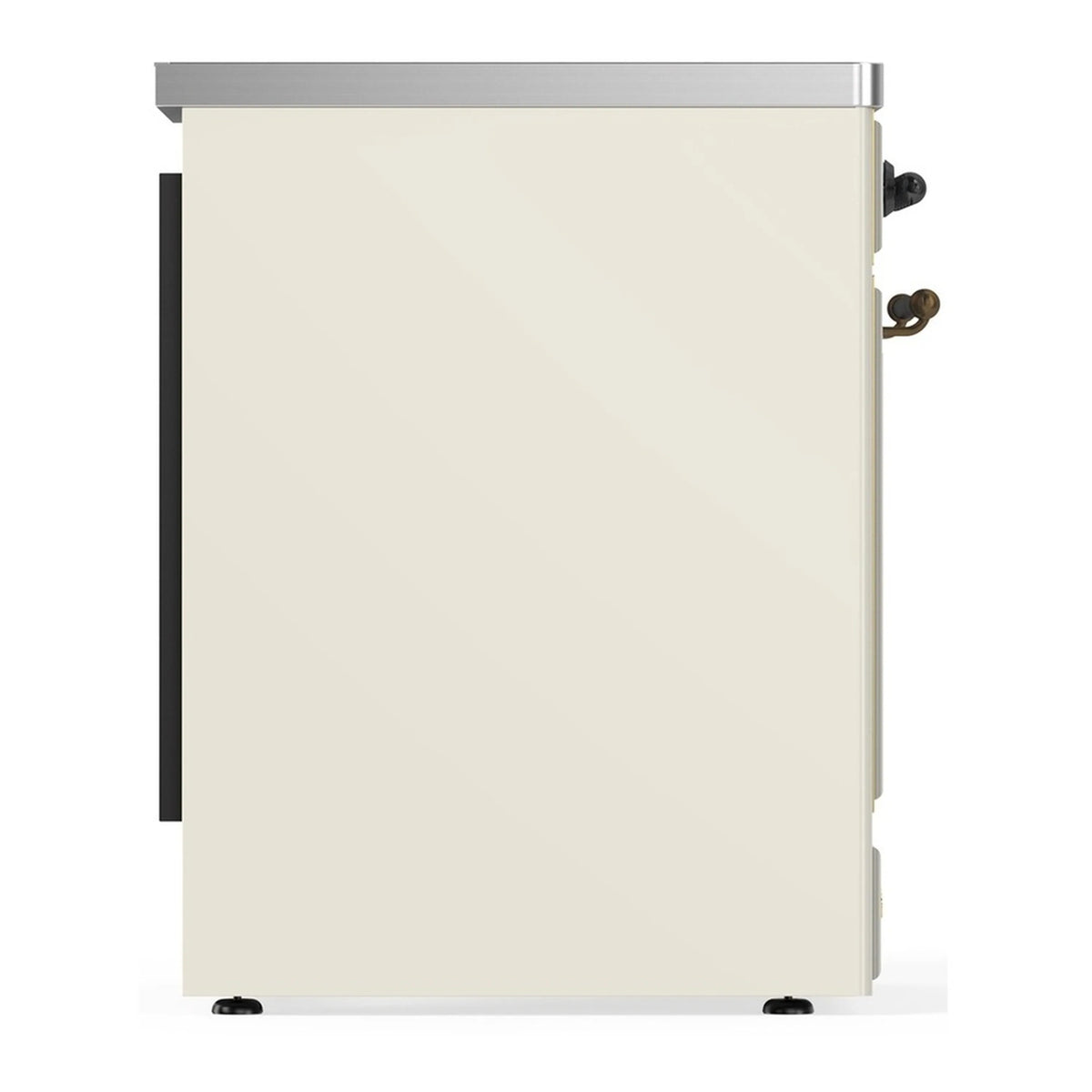 Antique white induction range side view with metal trim, knobs, and bottom feet