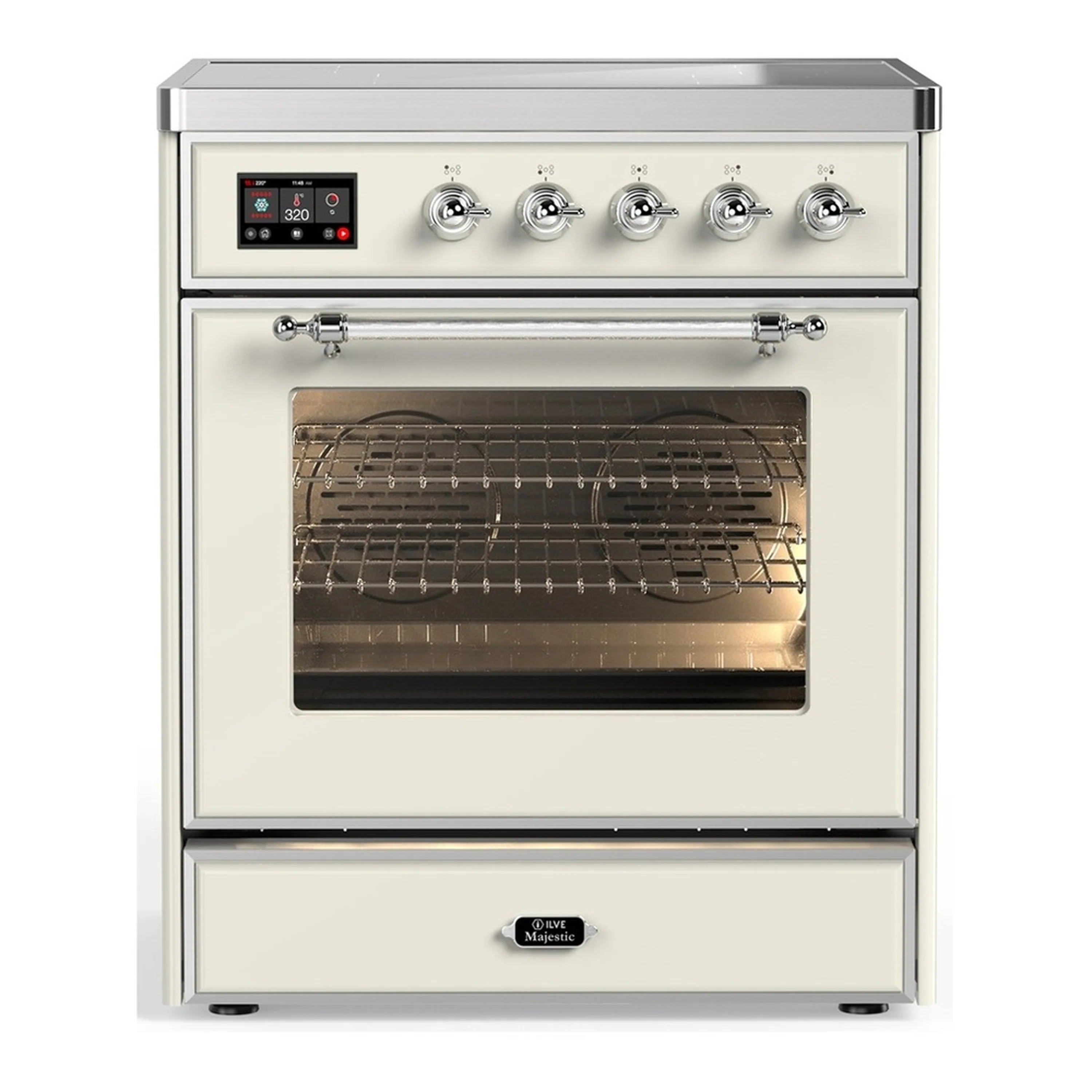 ILVE Majestic III induction range front with antique white oven door window and control knobs