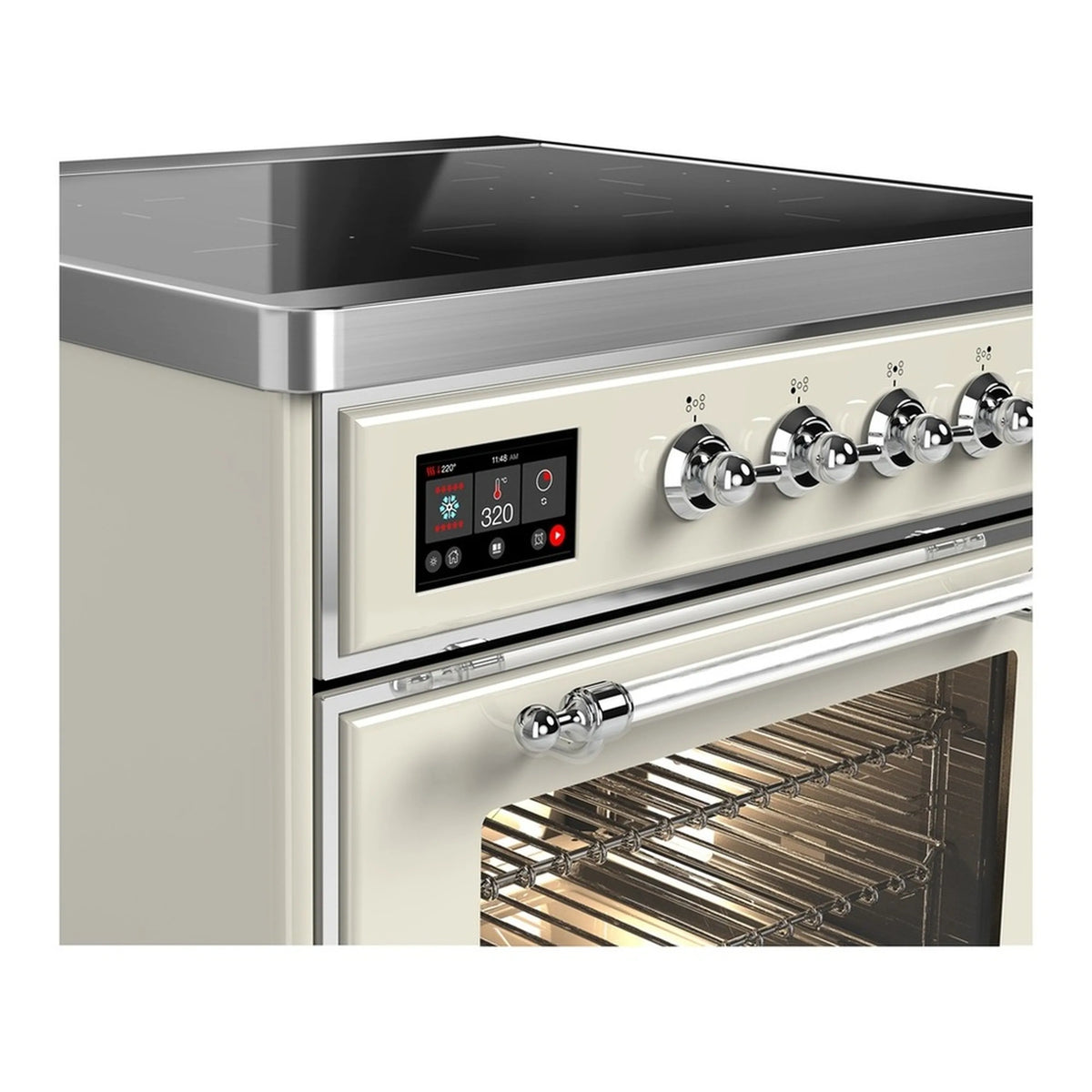 ILVE Majestic III induction range control panel with chrome knobs and open oven door