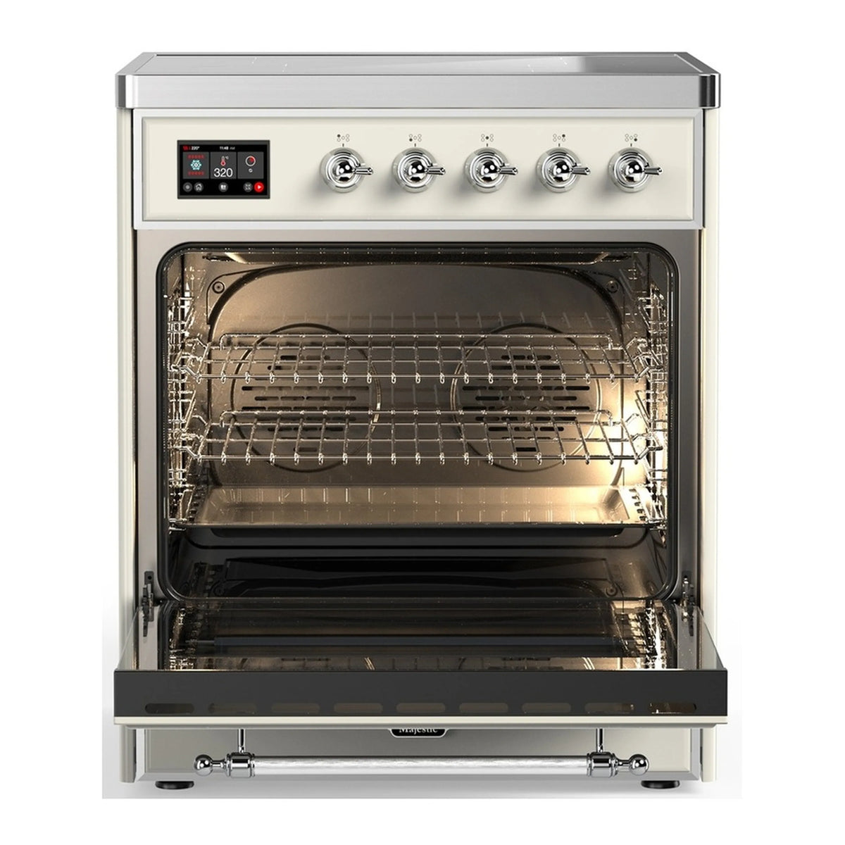 ILVE Majestic III induction range with antique white oven door open and wire racks