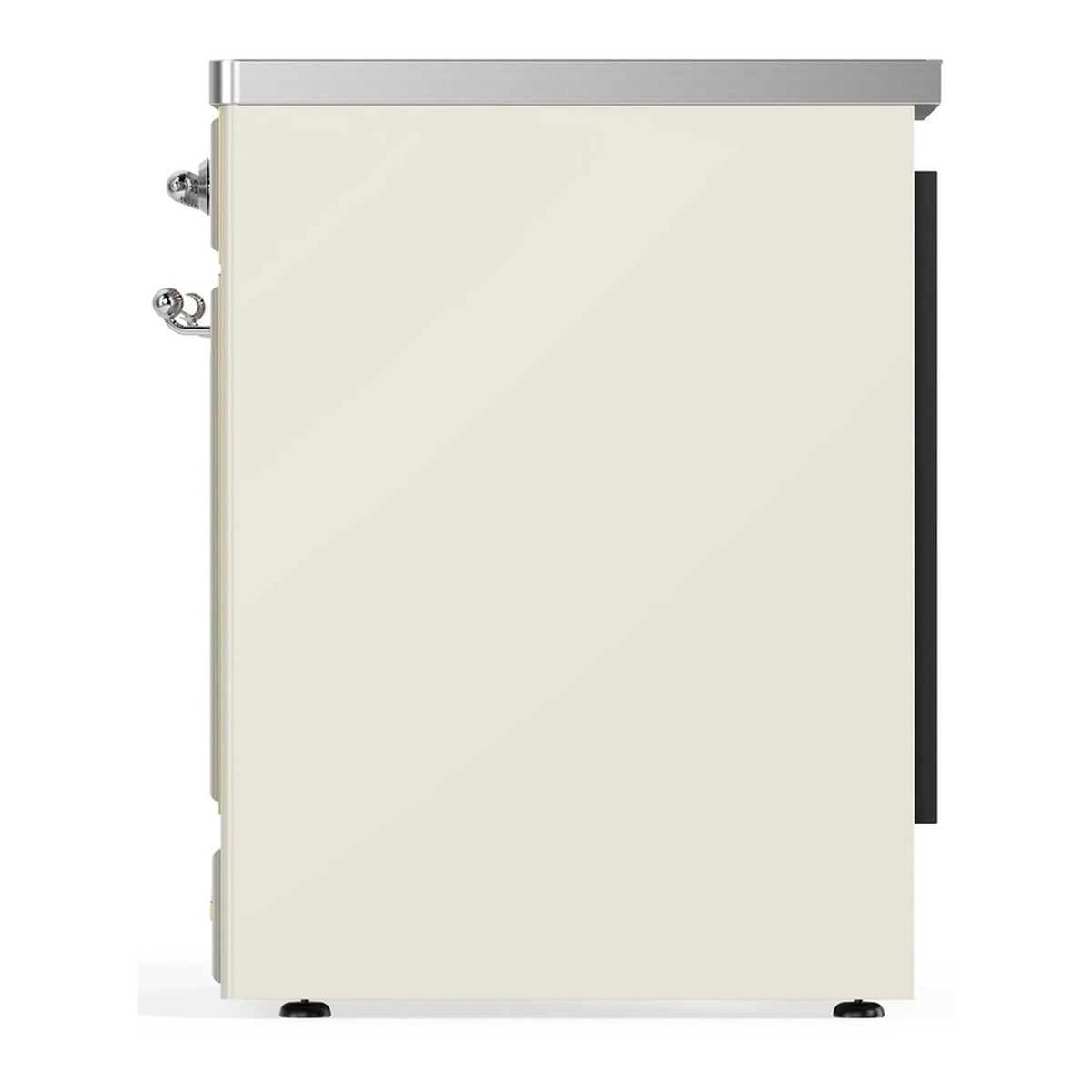 ILVE Majestic III induction range side panel in antique white with chrome handle hardware