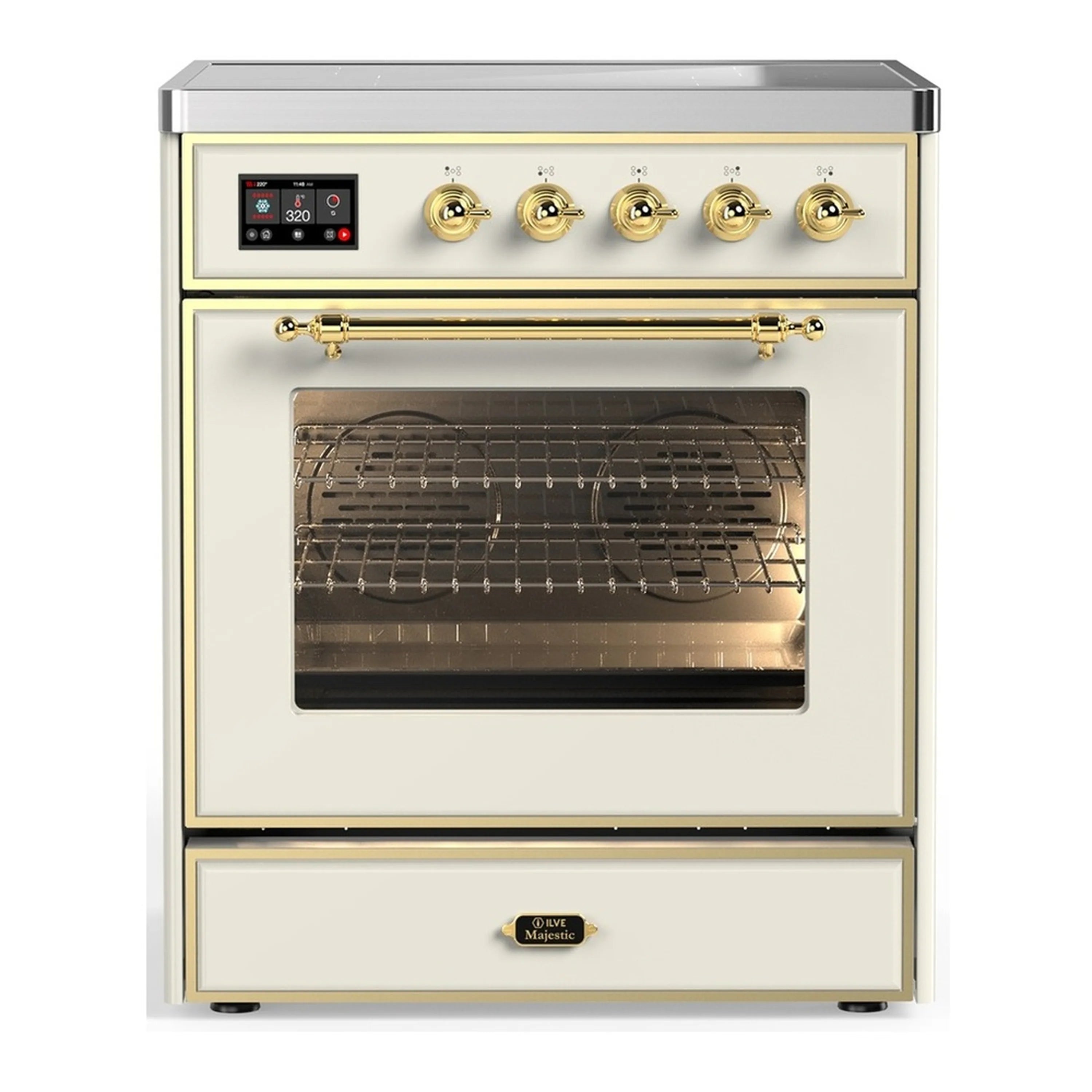 Antique white induction range with brass knobs and triple-glass oven door