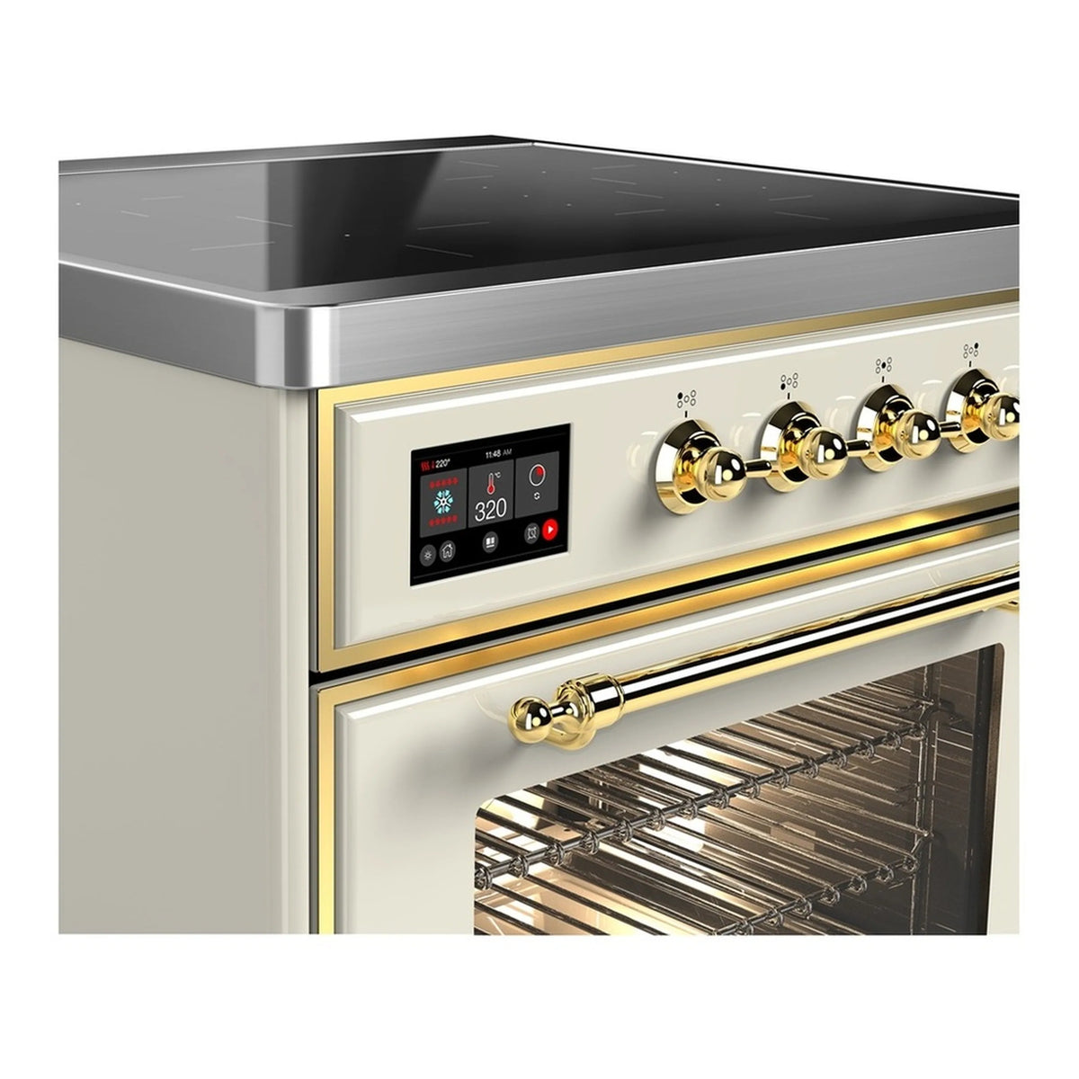 Antique white induction range front with brass control knobs and open oven window