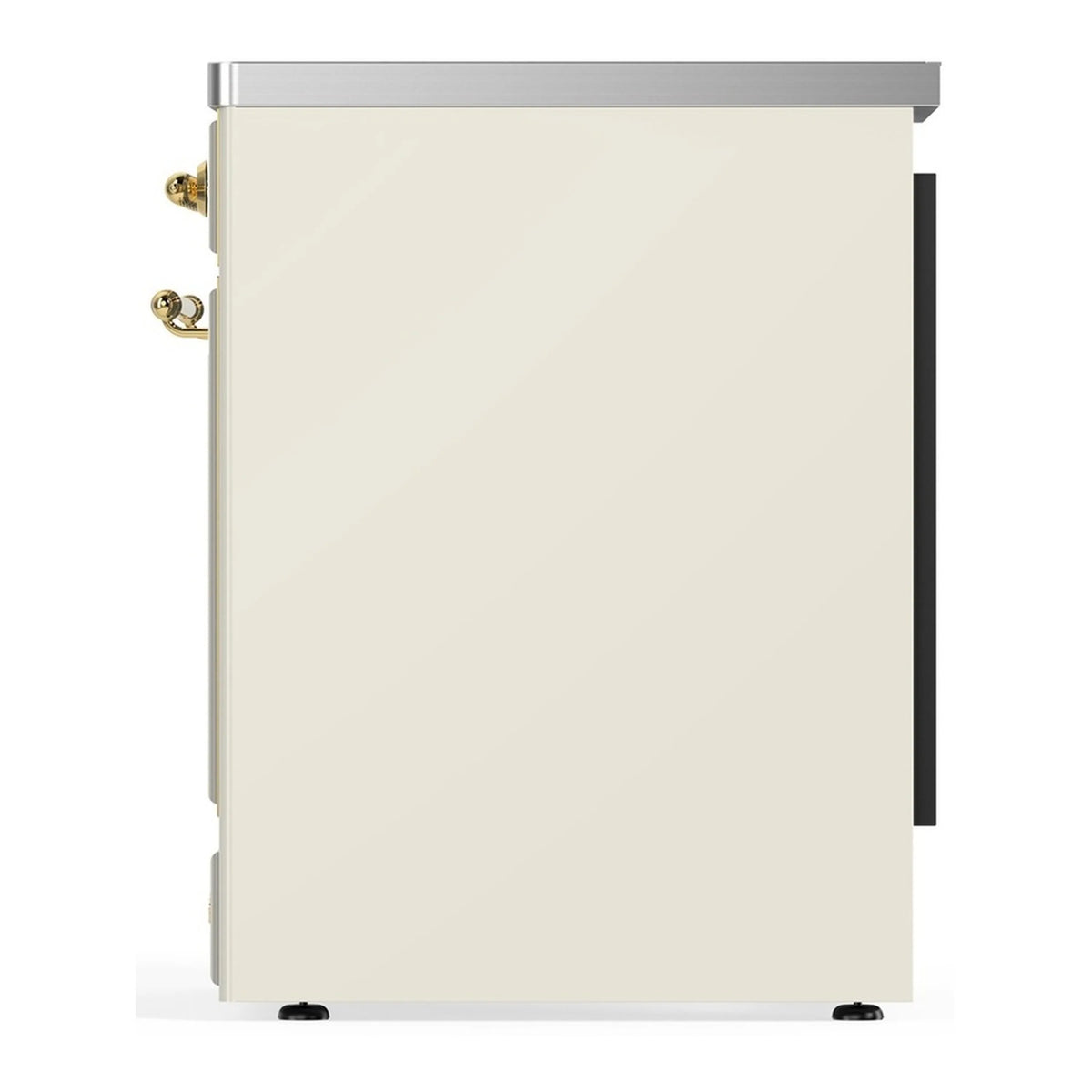 Antique white oven side panel with brass handle hardware and stainless trim