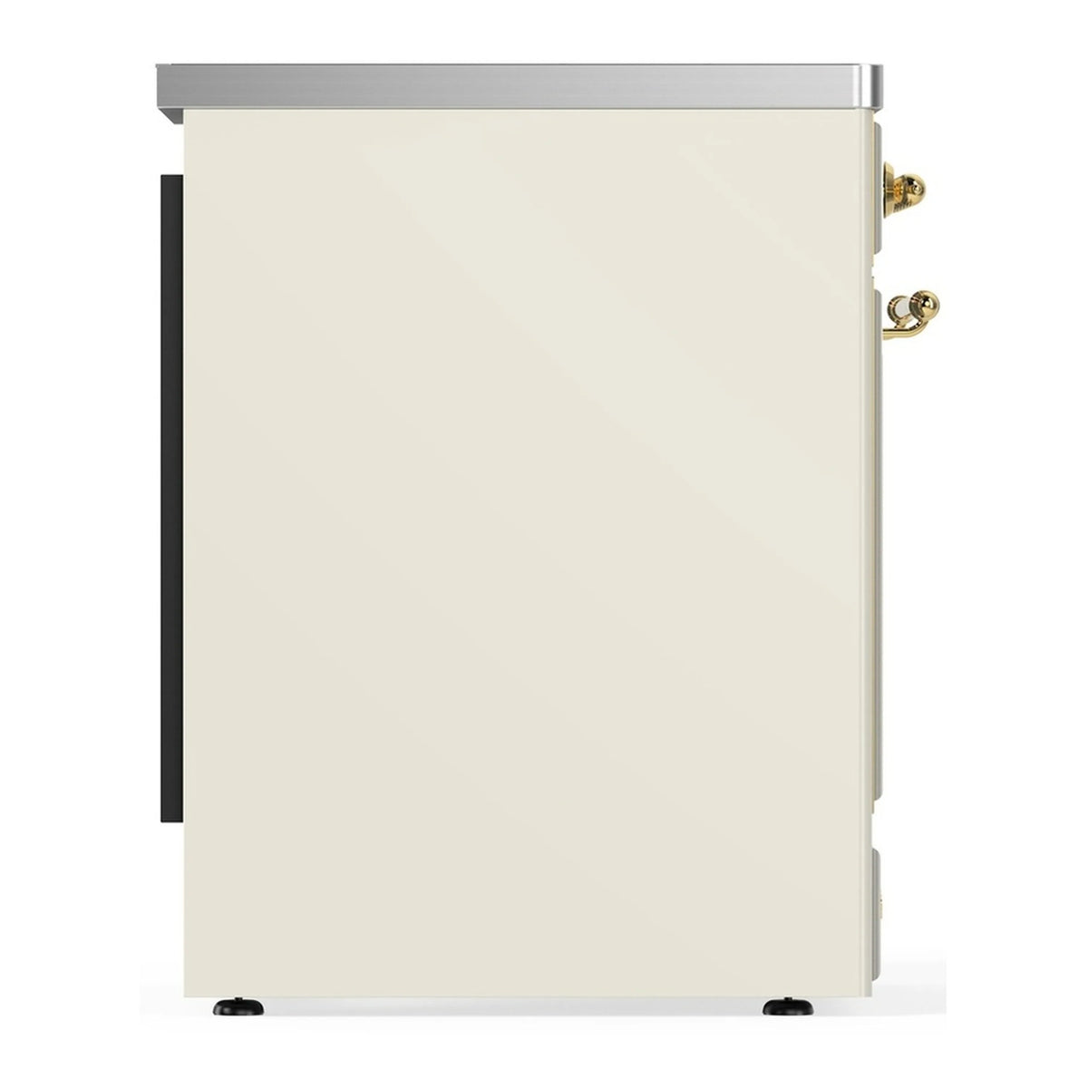Antique white range side view with brass handle hardware and stainless top trim