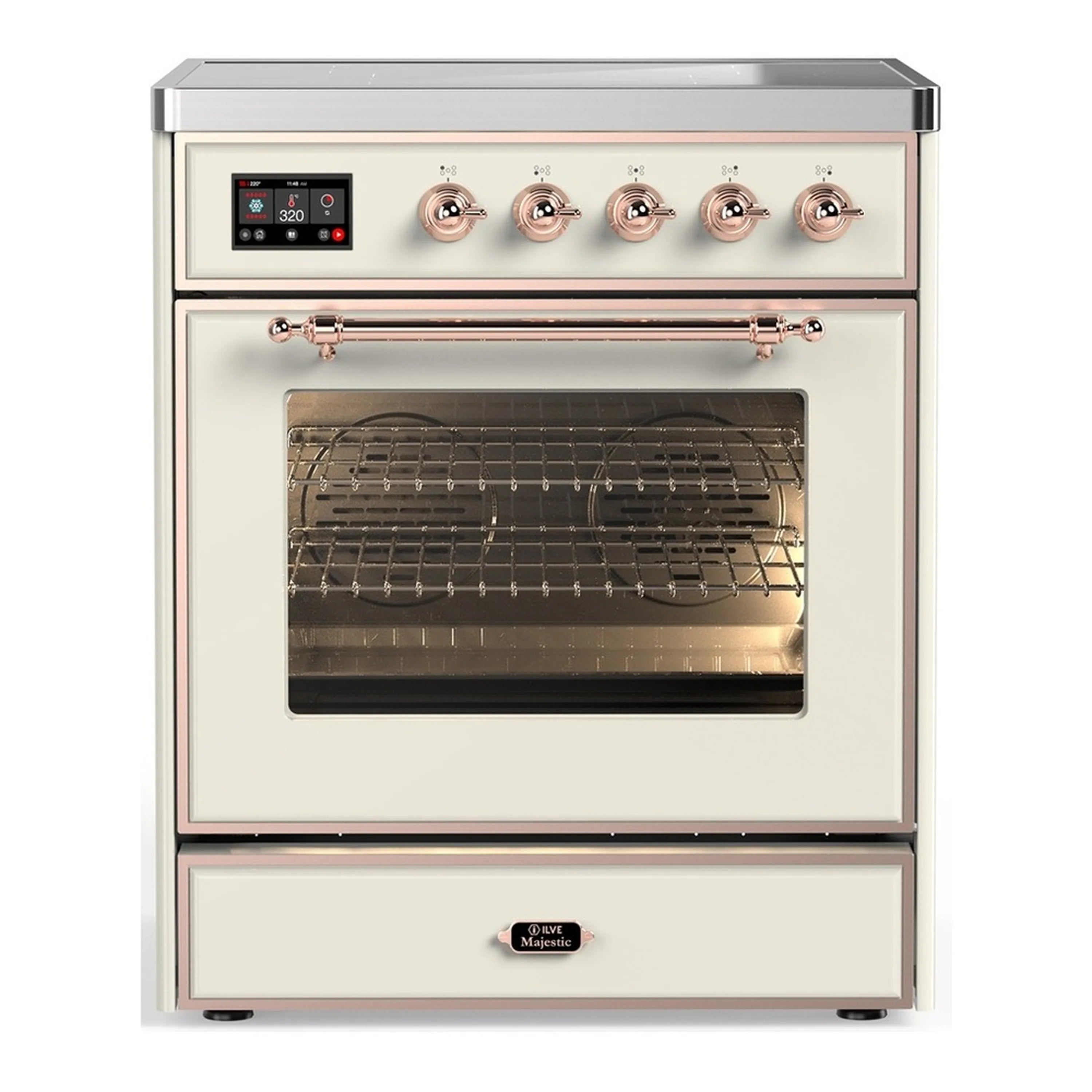 Antique white induction range with open oven door and copper control knobs