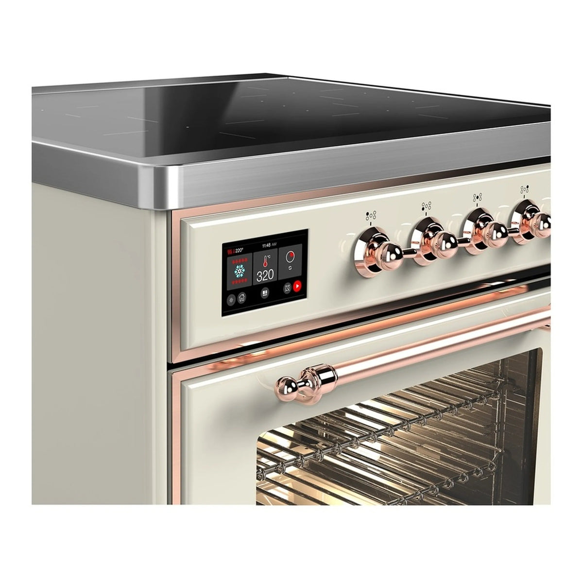 Antique white induction range control panel with digital display and copper knobs