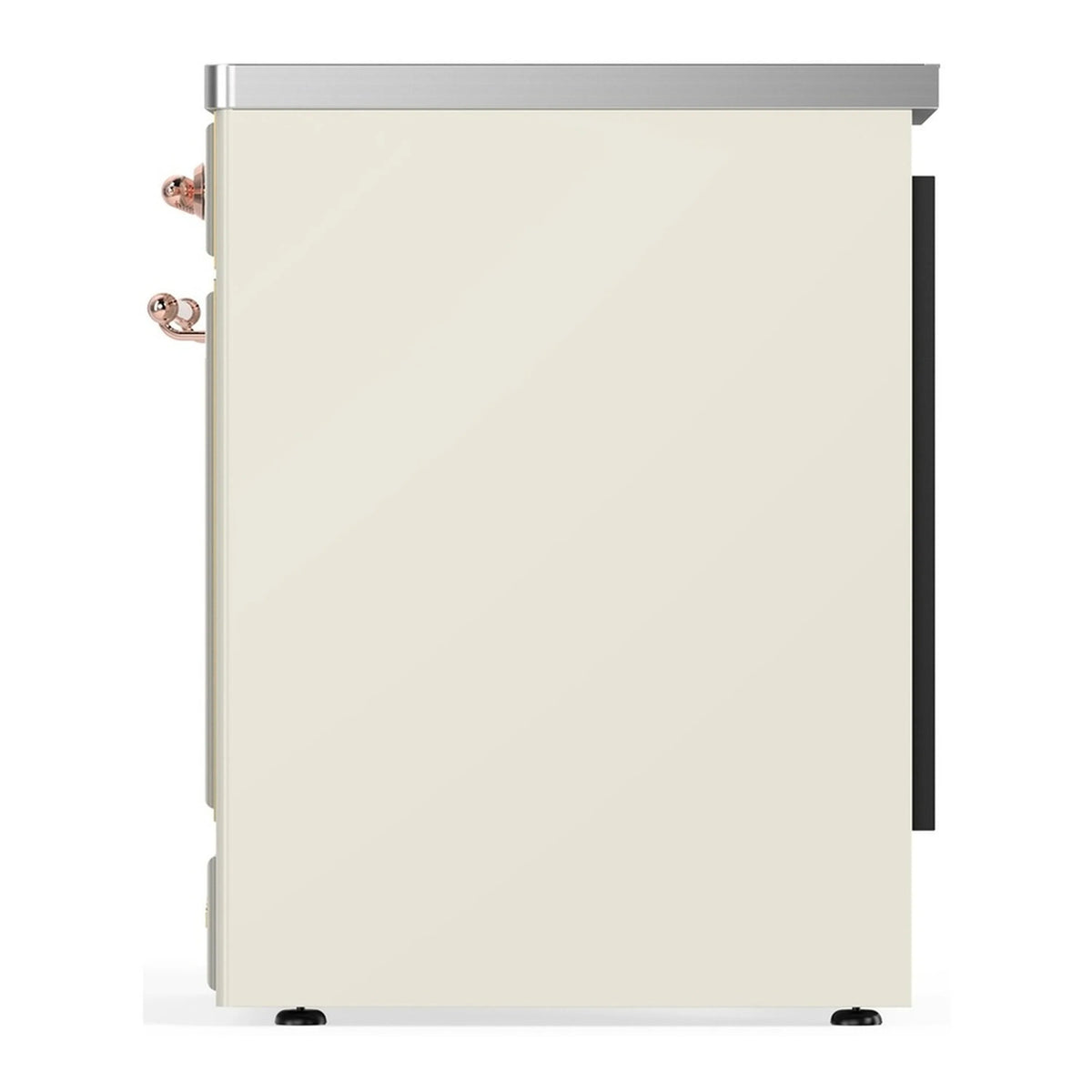 Antique white induction range oven door closed with copper handle accents
