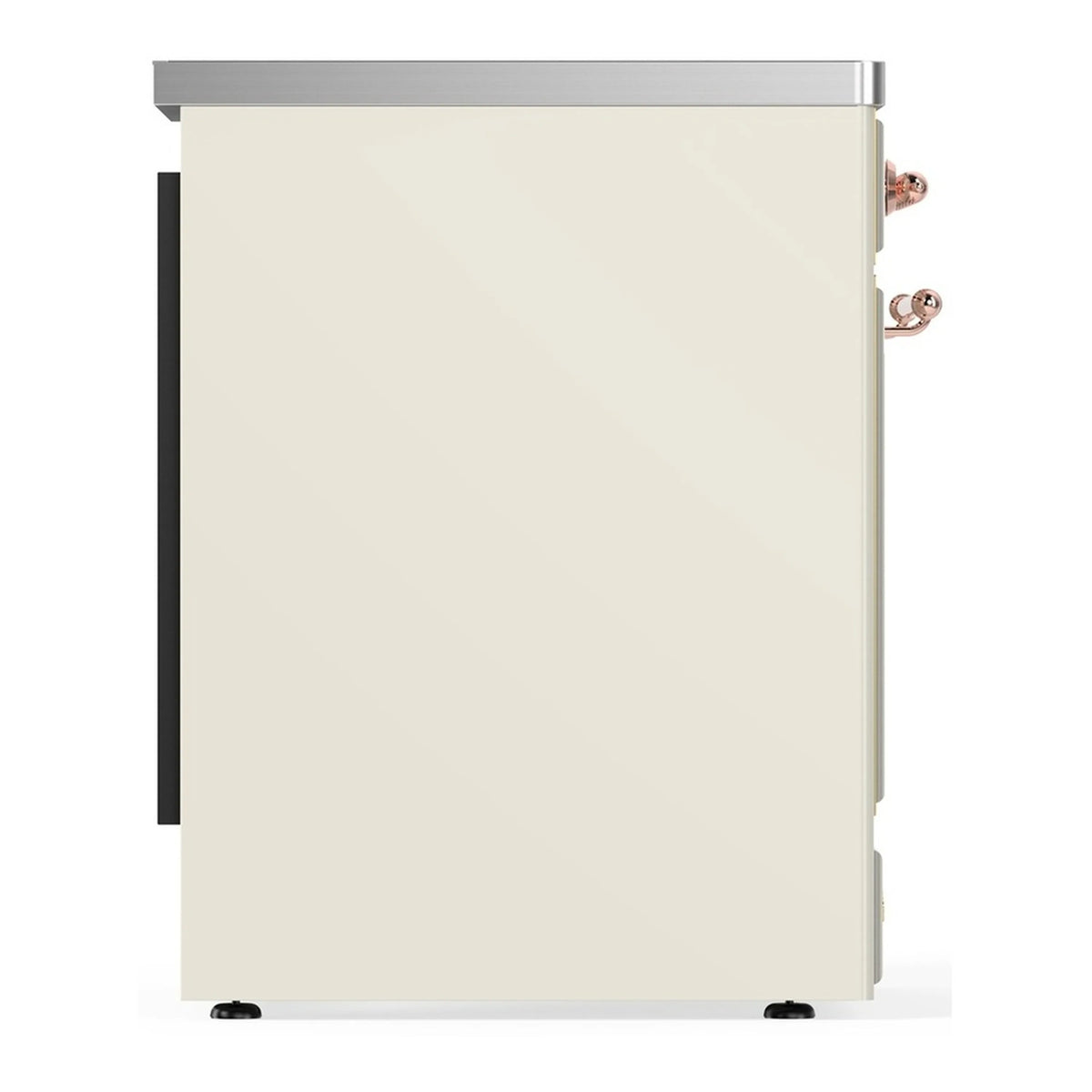 Antique white induction range side view with copper handle accents and leveling feet
