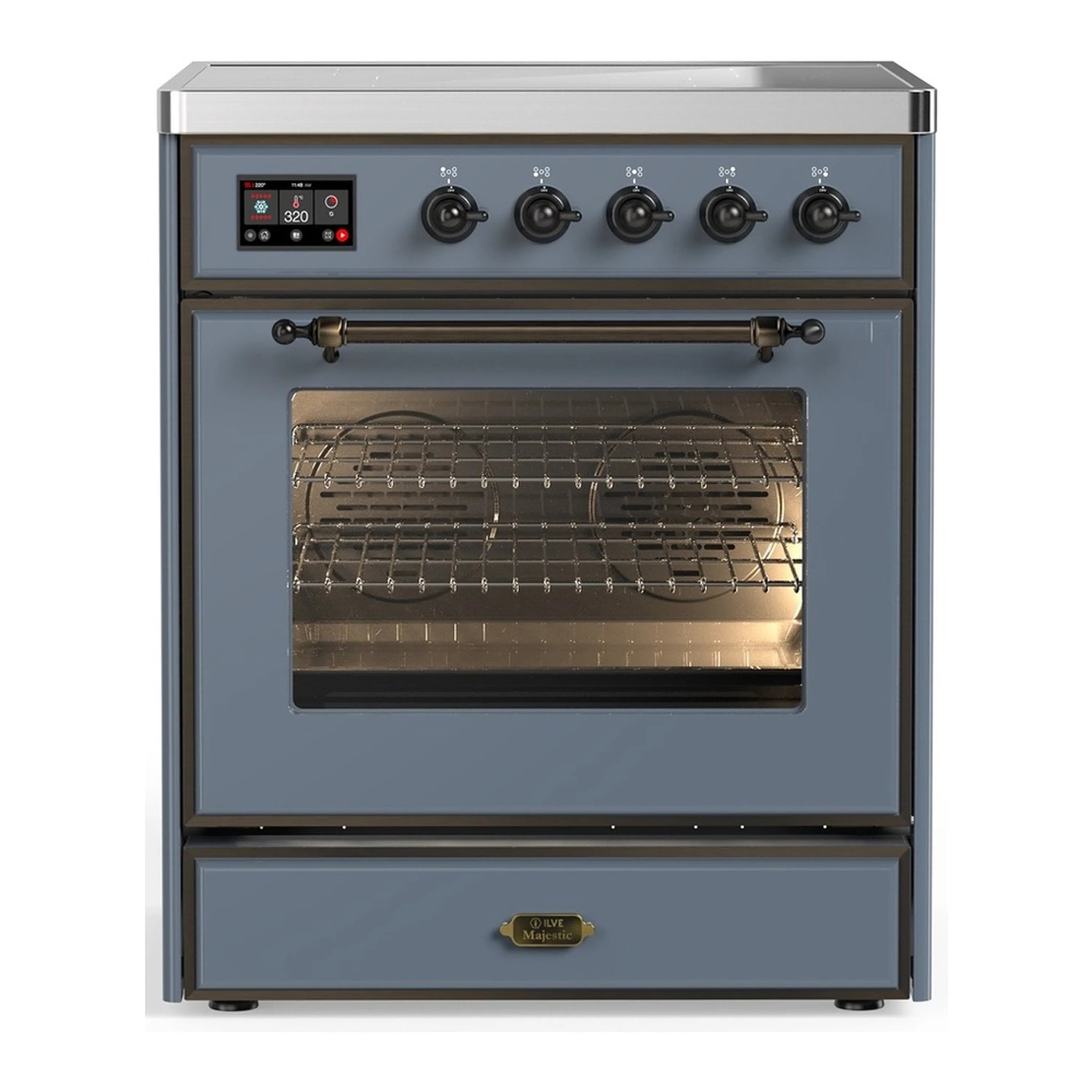 Induction range with open oven door, blue-grey front, control panel and four burner knobs