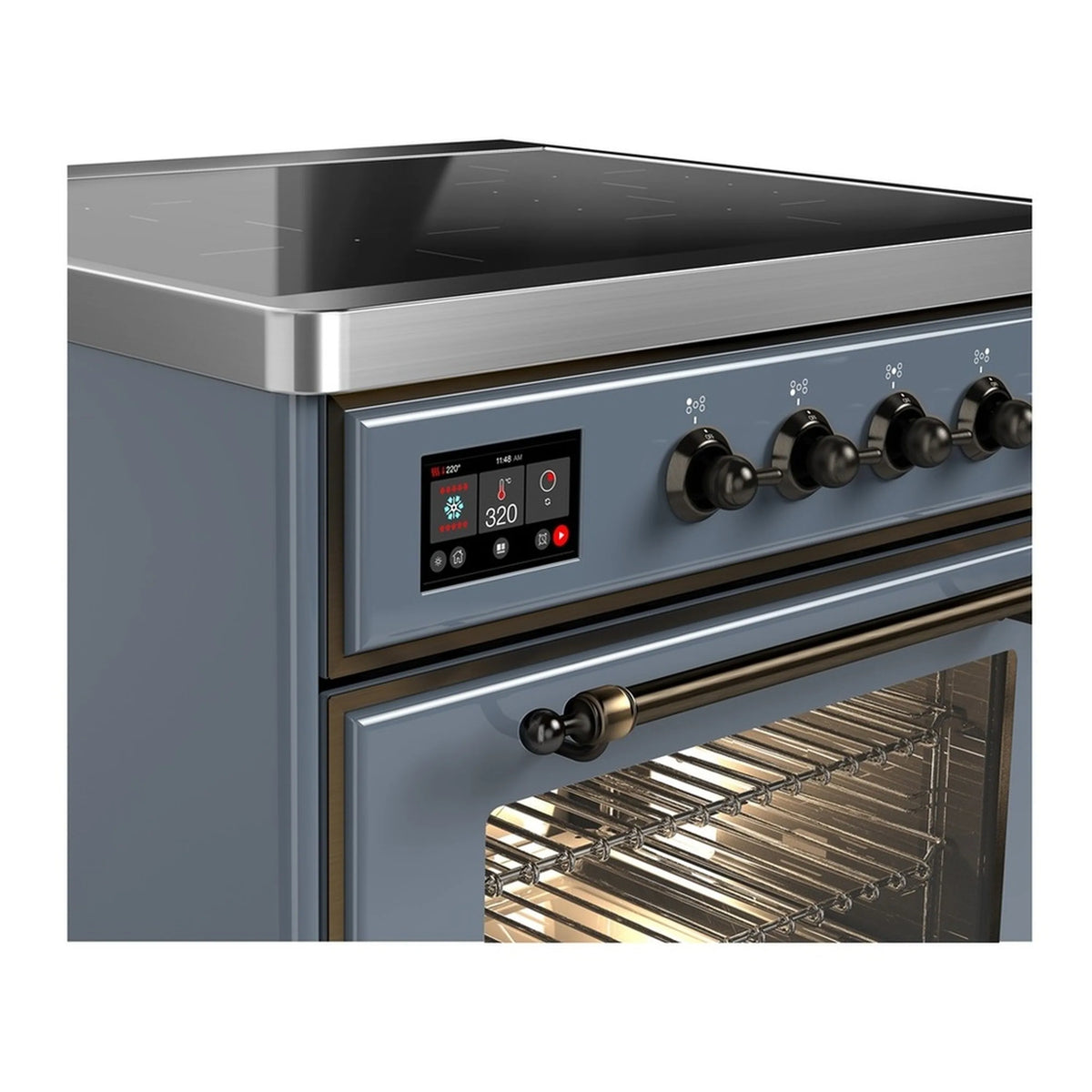 Induction range control panel and four induction knob switches on blue-grey front