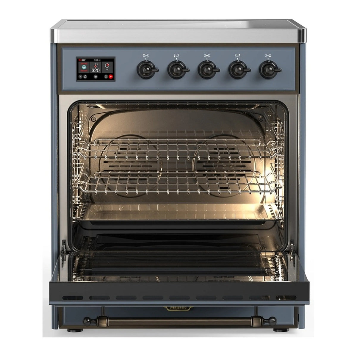 Induction range with open oven interior, racks and triple-glass door in blue-grey
