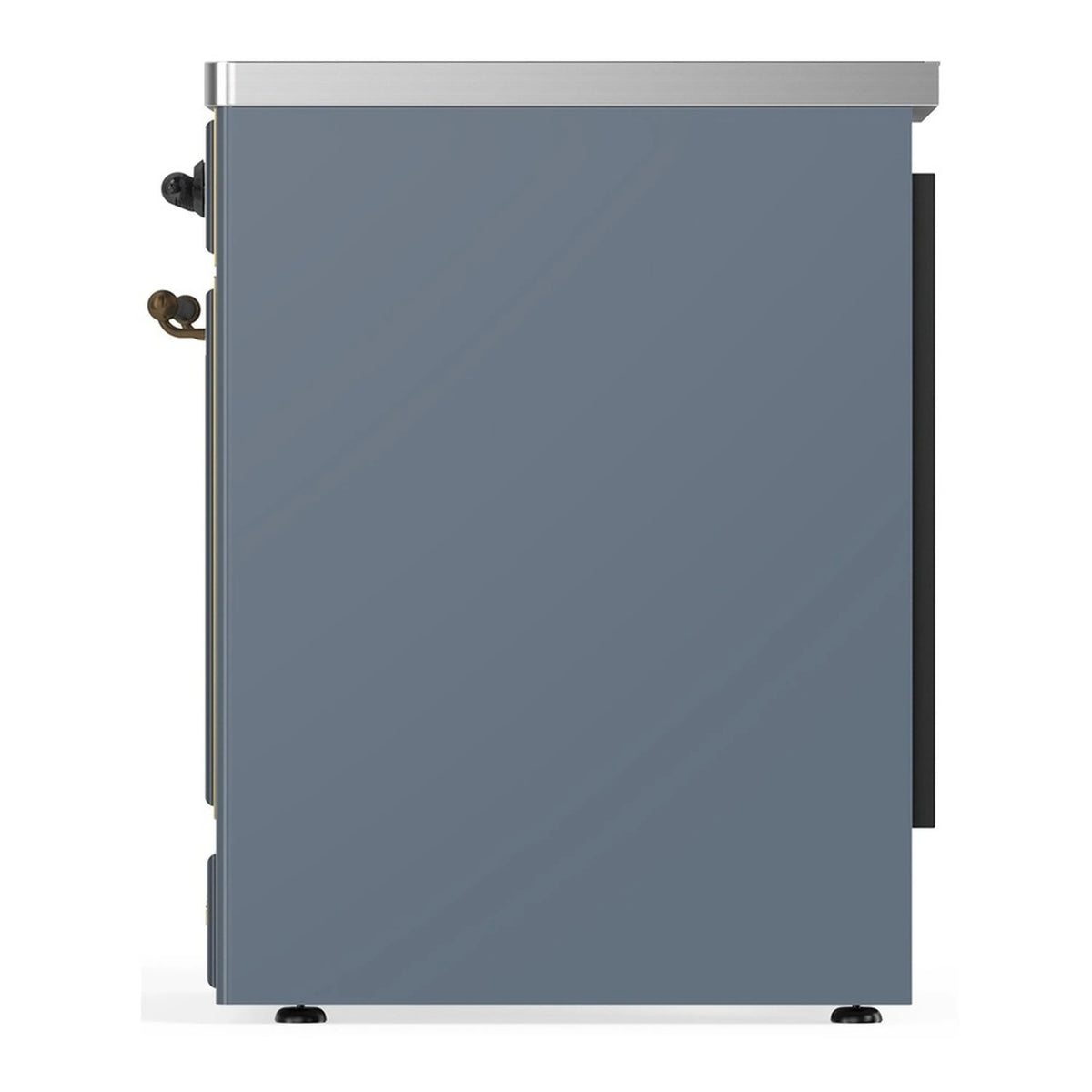 Induction range side panel with blue-grey finish and burnished-trim handle hardware