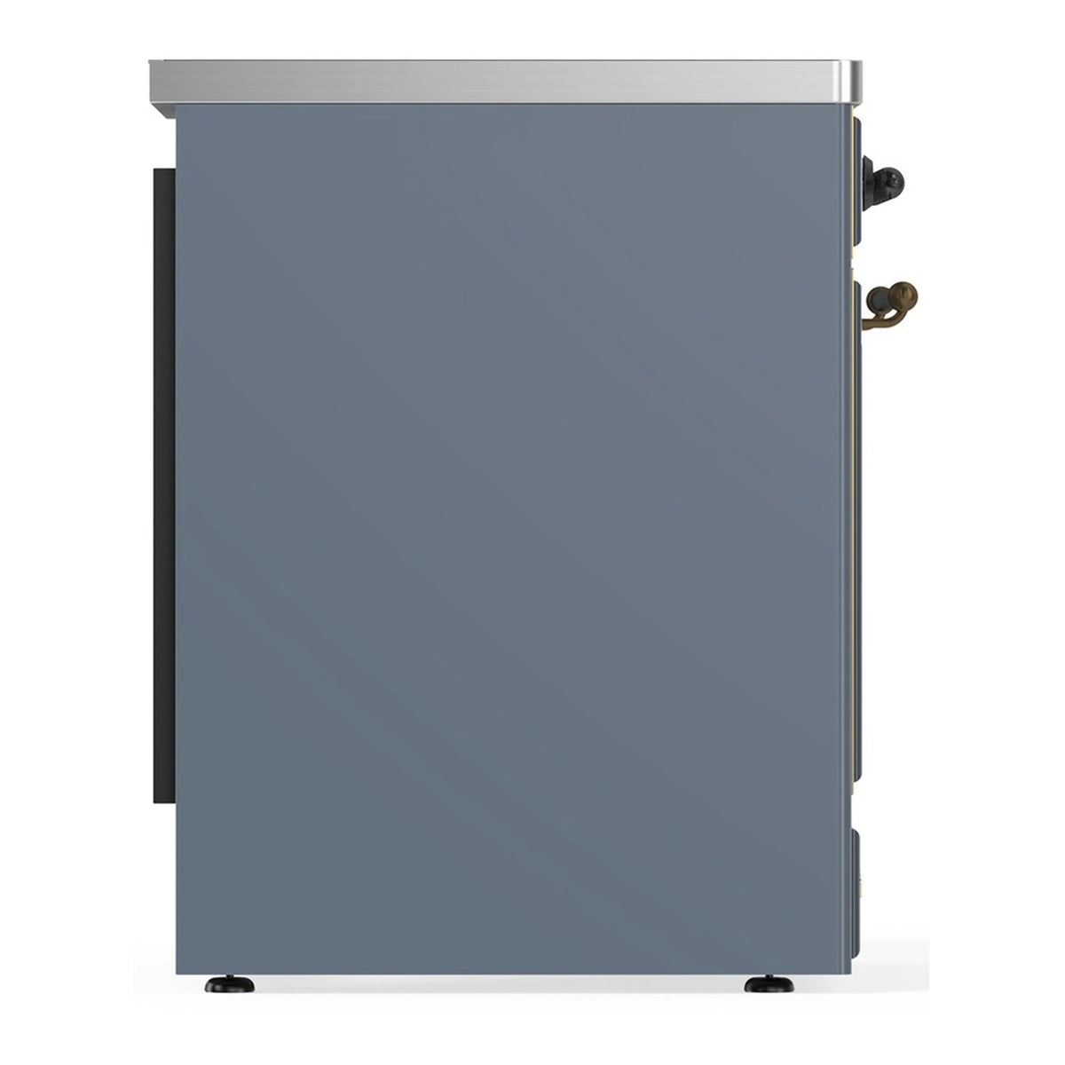 Induction range side view with blue-grey cabinet and burnished-trim handle hardware