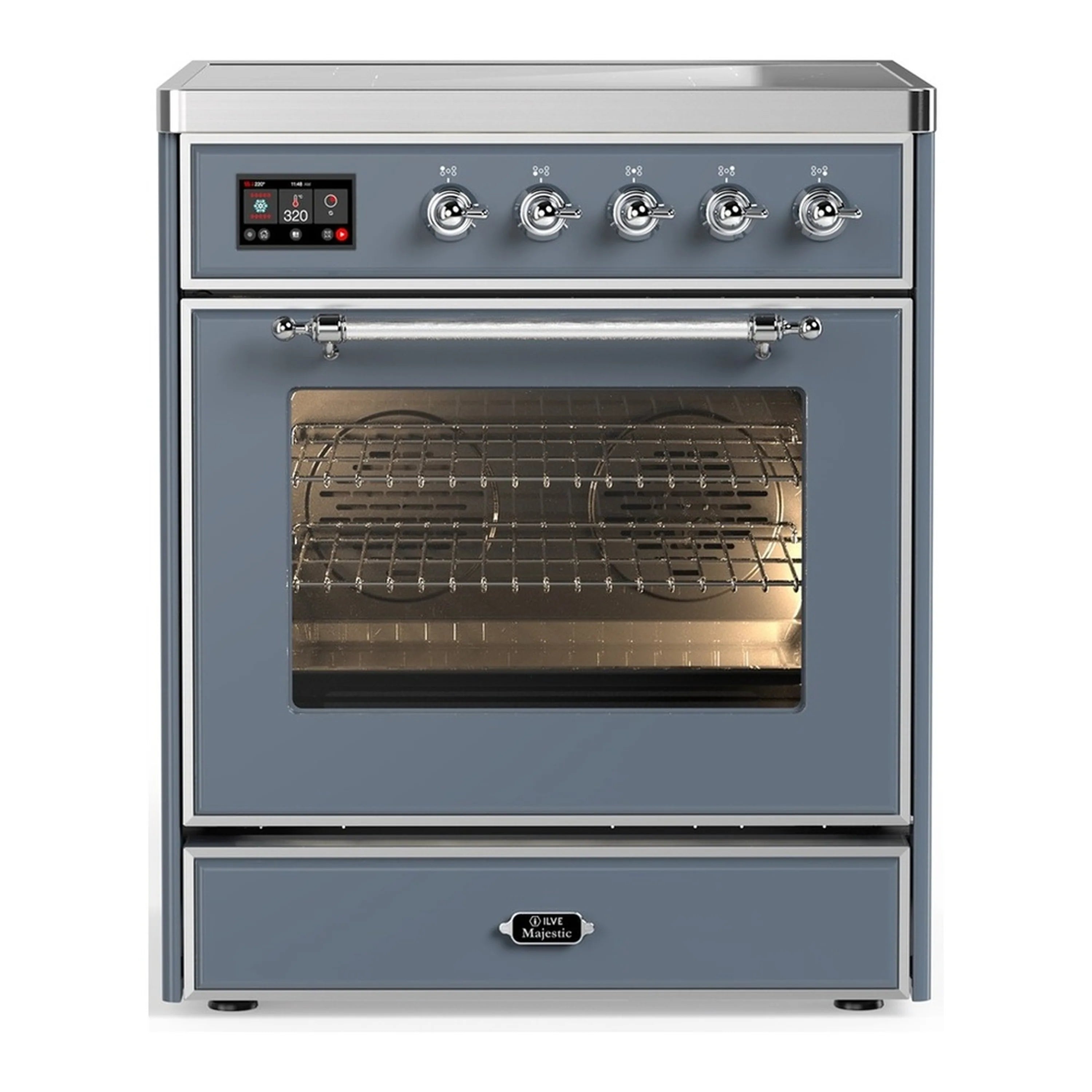 Blue grey induction range with triple-glass oven door and chrome trim, front view