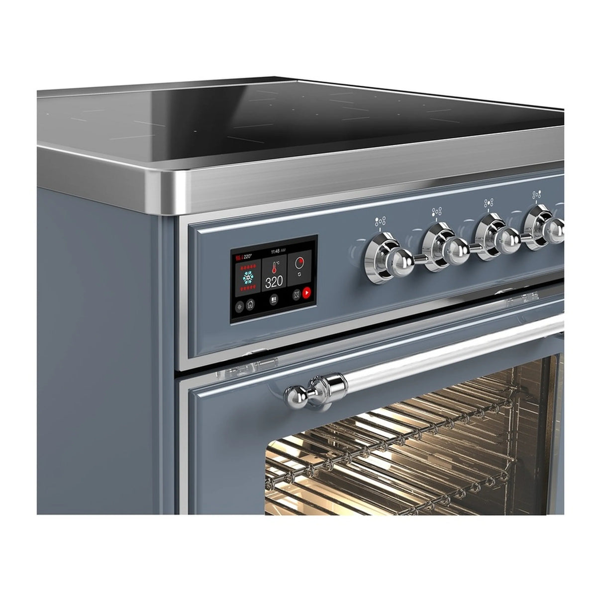 Blue grey induction range control panel with chrome knobs and digital display