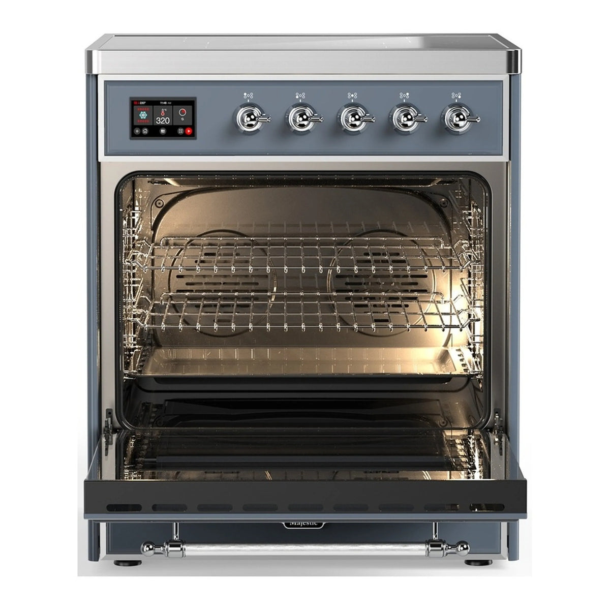 Blue grey electric oven with open door, wire racks and heating elements visible