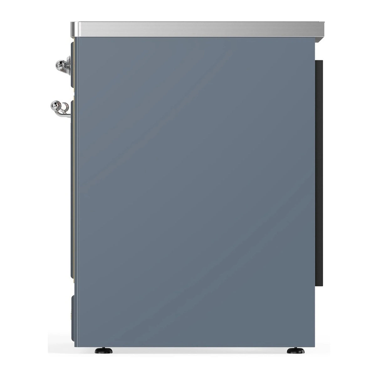 Blue grey induction range side panel with chrome handle and feet