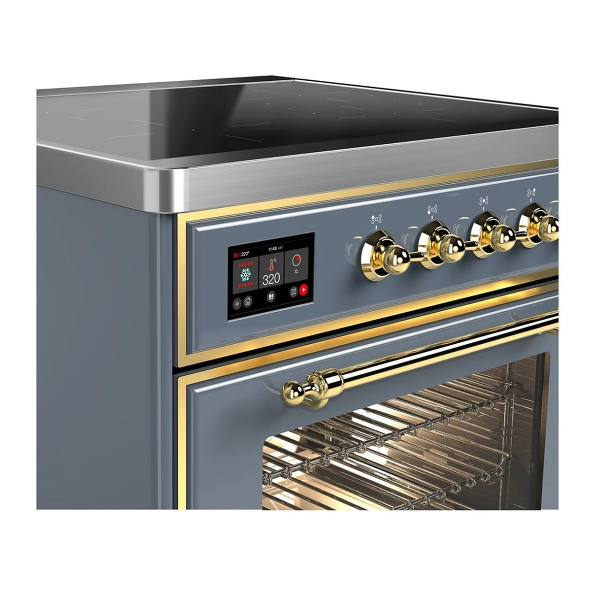 Blue-grey induction range control panel with brass knobs and digital display