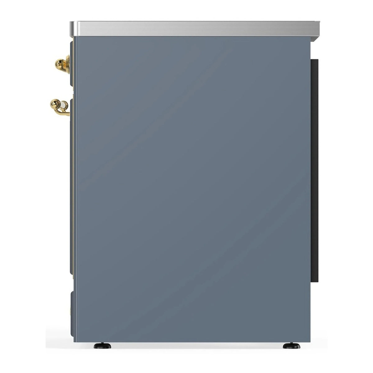 Blue-grey induction range with brass corner hardware and vertical side trim