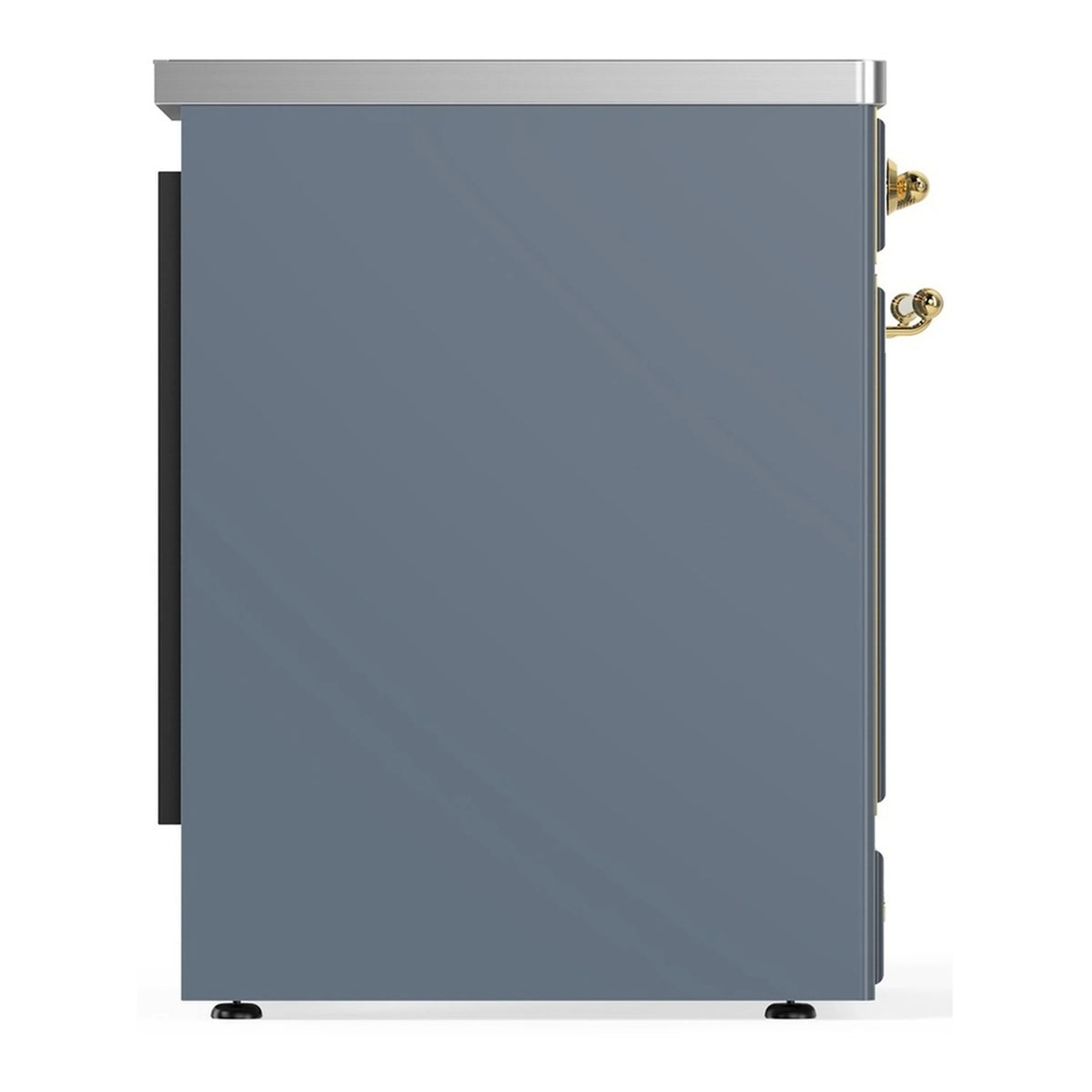 Blue-grey induction range side panel with brass handle and trim