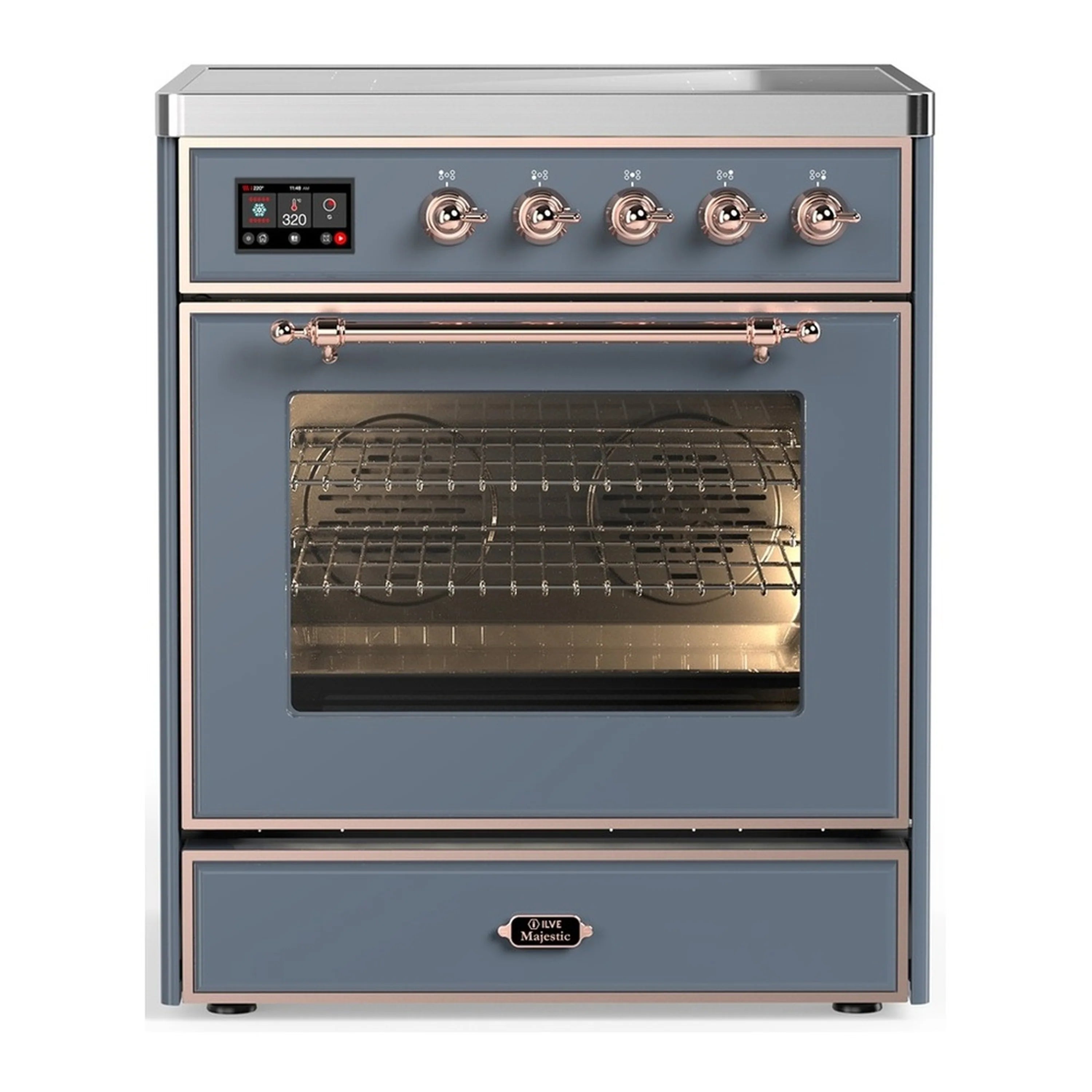 Blue-grey induction range with copper trim, 4 knobs, and open electric oven door