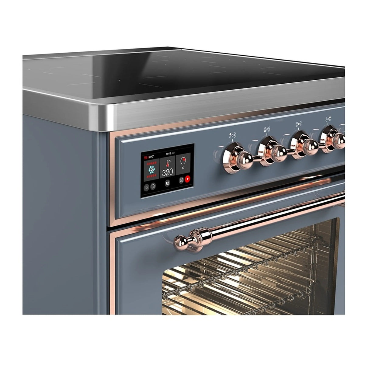 Induction range control panel with 4 copper knobs, blue-grey finish, and oven door