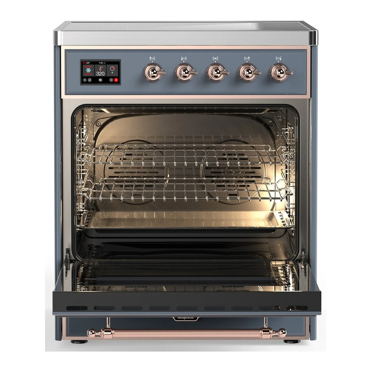 Blue-grey induction range with open oven showing wire racks and interior heating elements