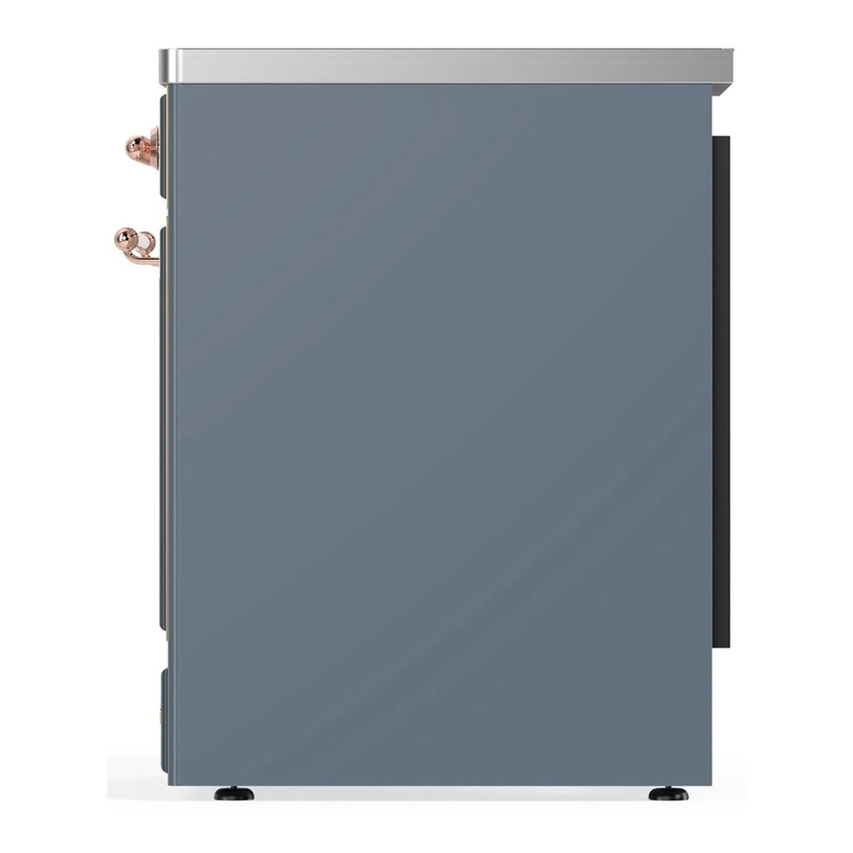 Blue-grey oven door of an induction range with copper handle and side knob