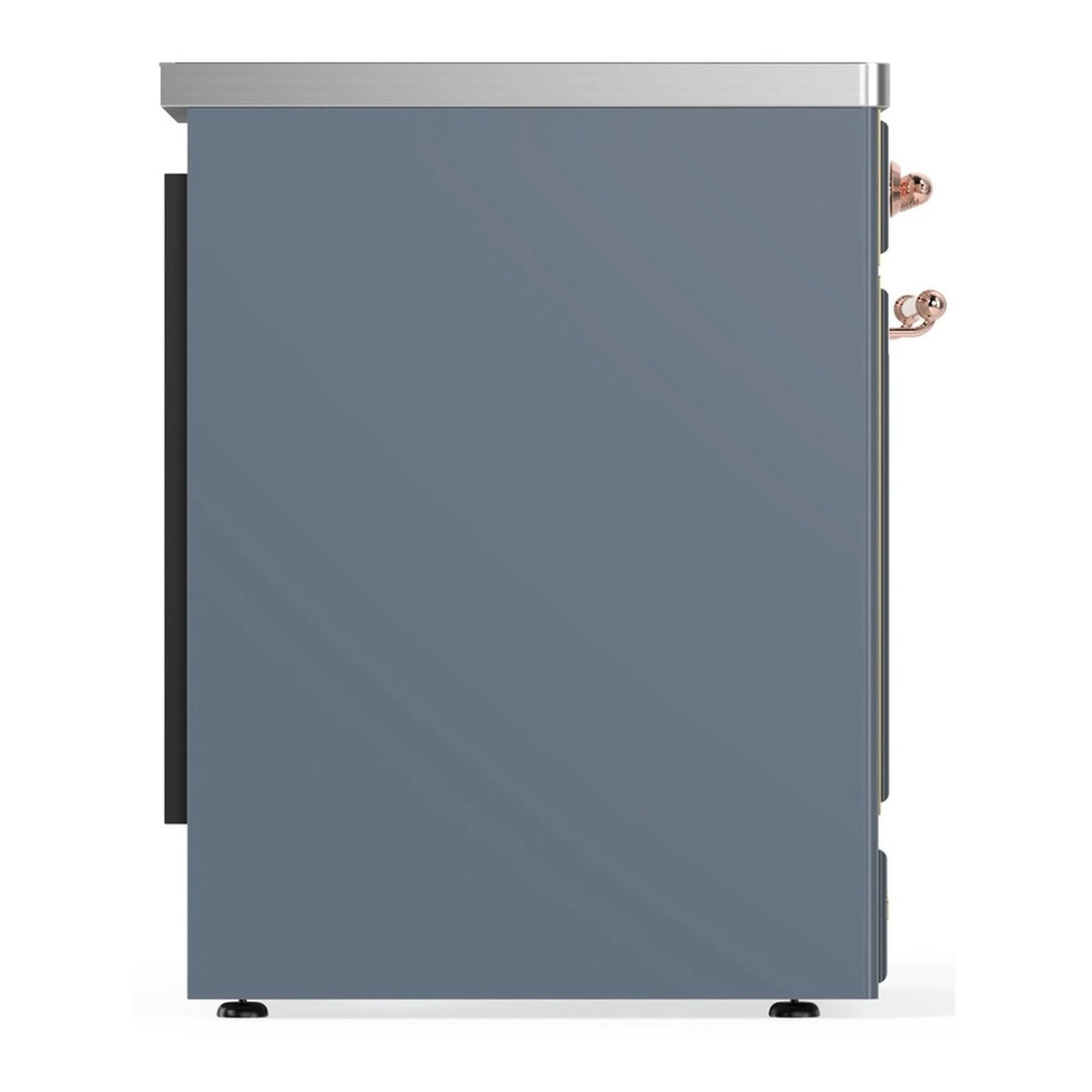 Blue-grey induction range side view with copper trim and rectangular oven door
