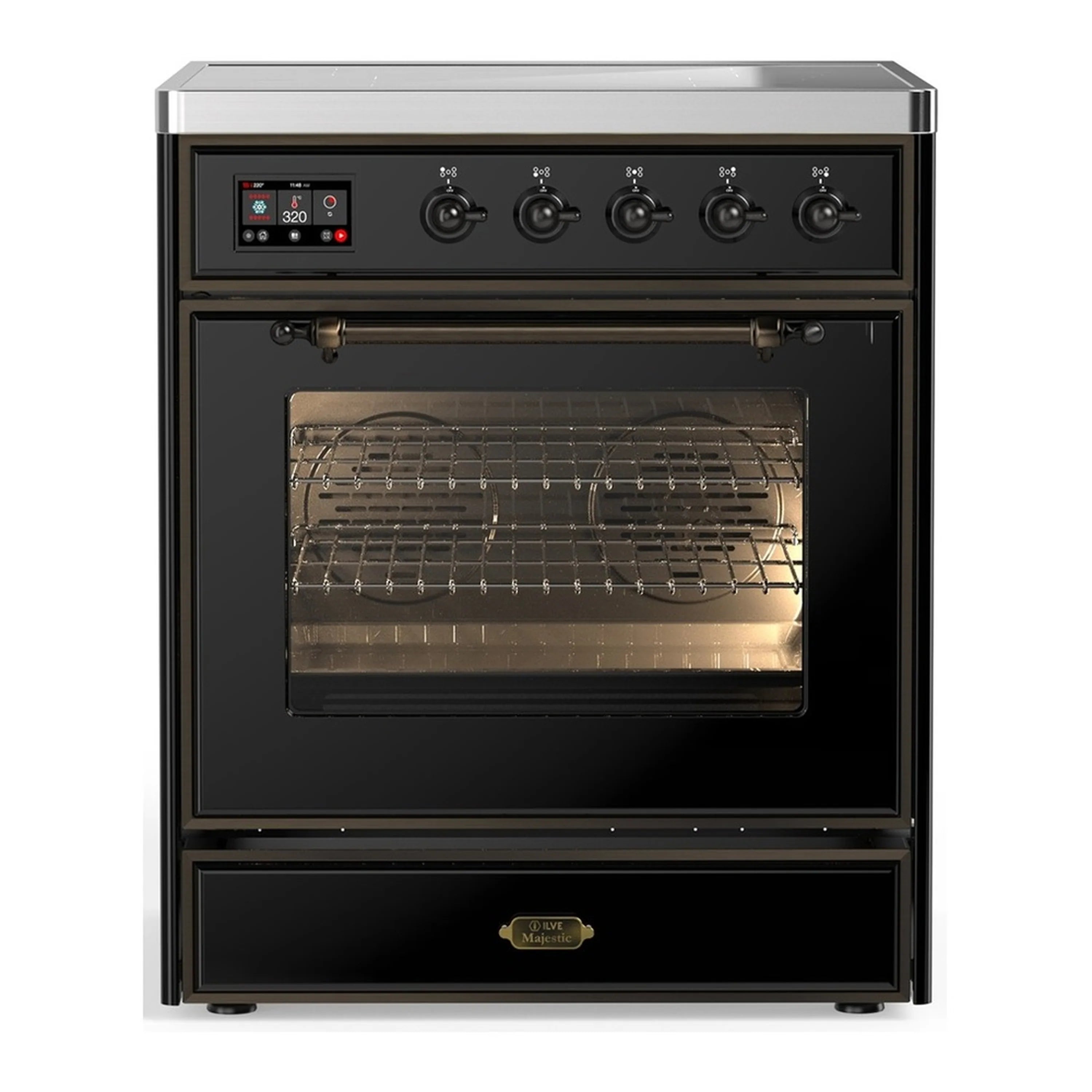 Glossy black induction range with open triple-glass oven door and wire racks