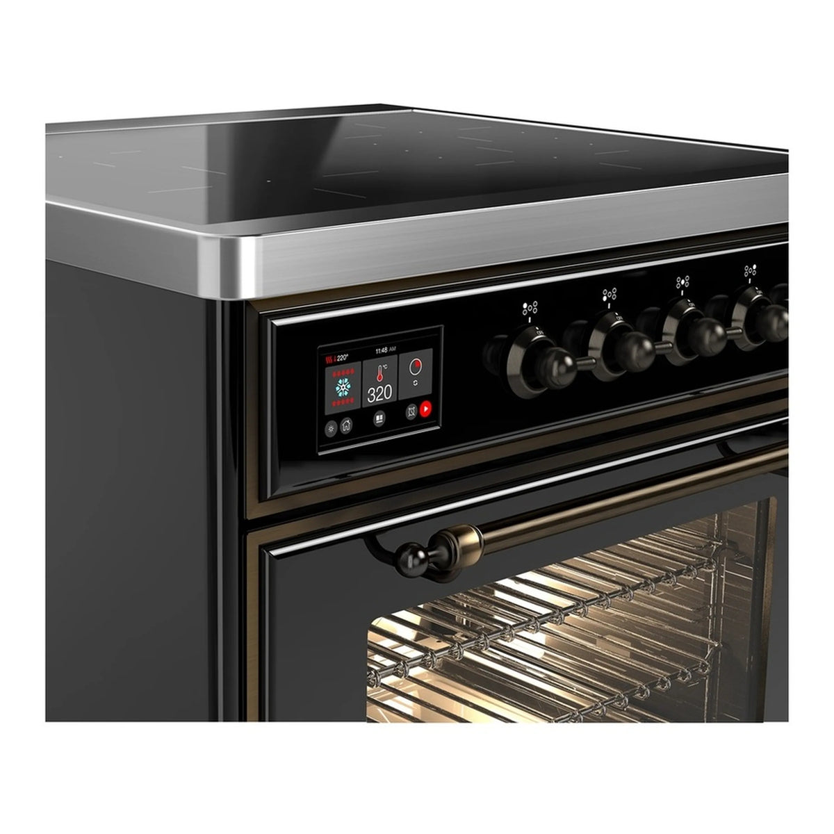 Glossy black induction range control panel with digital display and round knobs