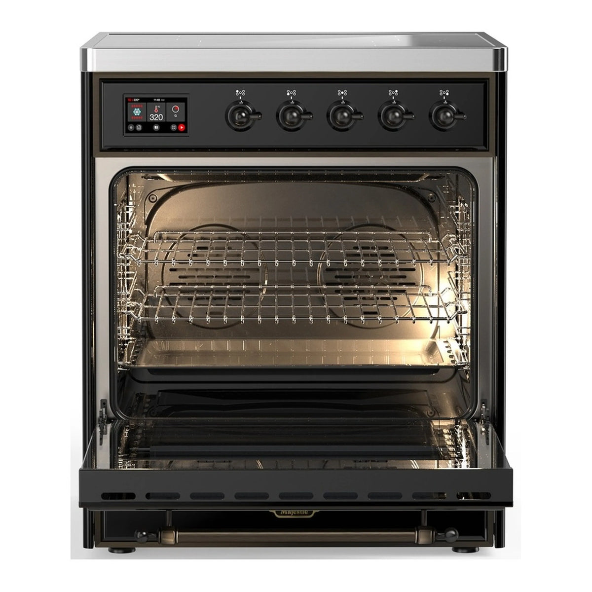 Glossy black induction range with open oven door showing wire racks and bake light