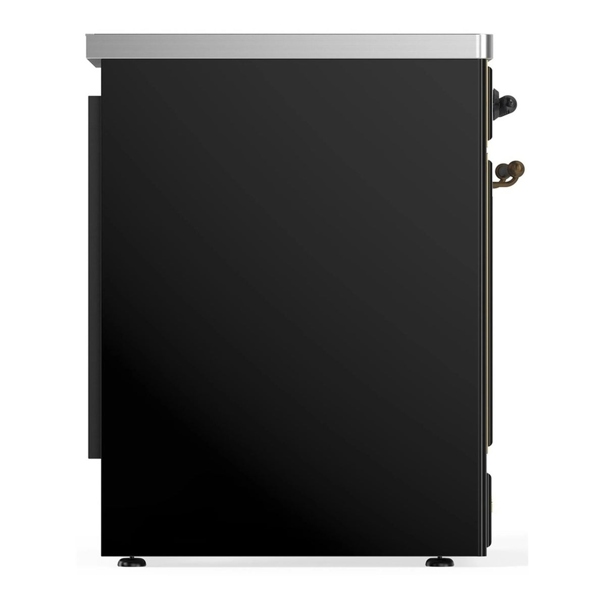 Glossy black induction range rear-side view with bronze-trim handle and hinges