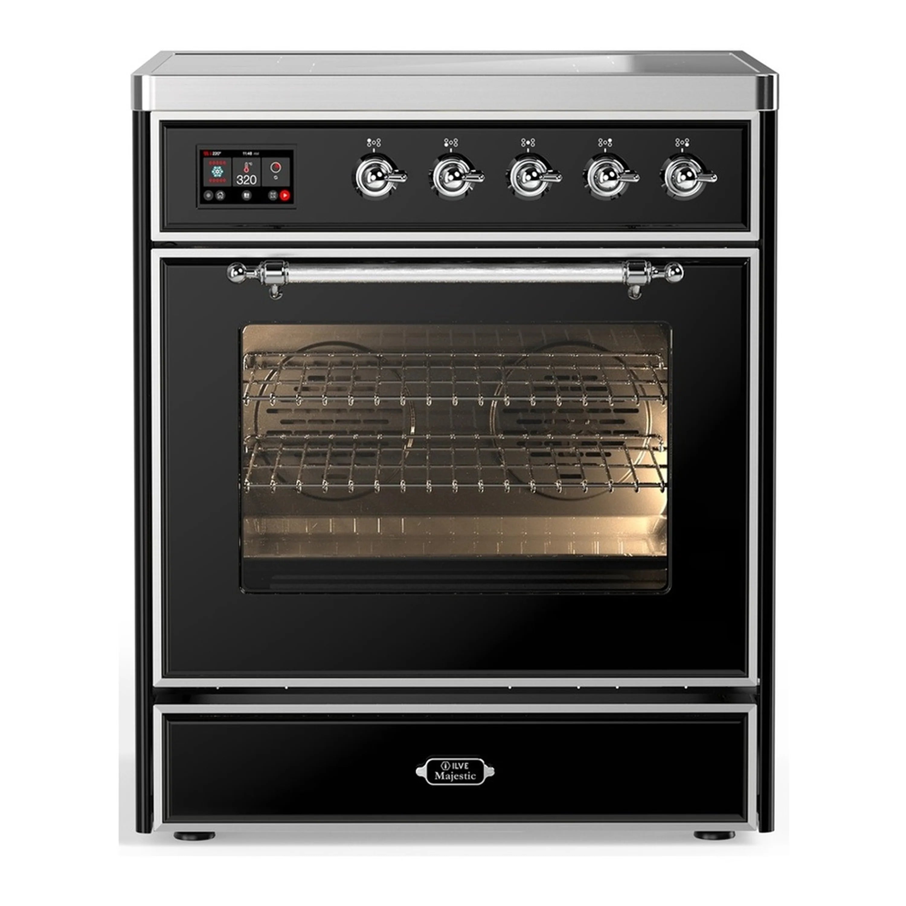 Induction range oven with glossy black door and chrome-trim control panel, four chrome knobs