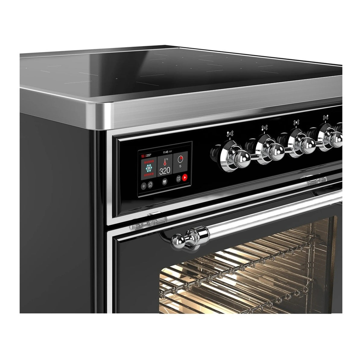 Induction range control panel with digital display and chrome knob dials, black oven door