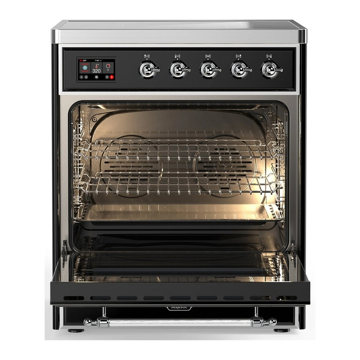 Induction range with oven door open, showing interior racks in glossy black