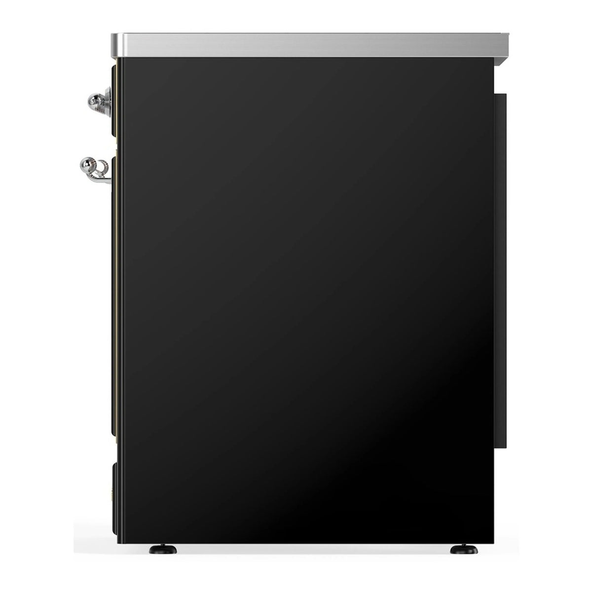 Induction range side view with glossy black panel and chrome handle hardware