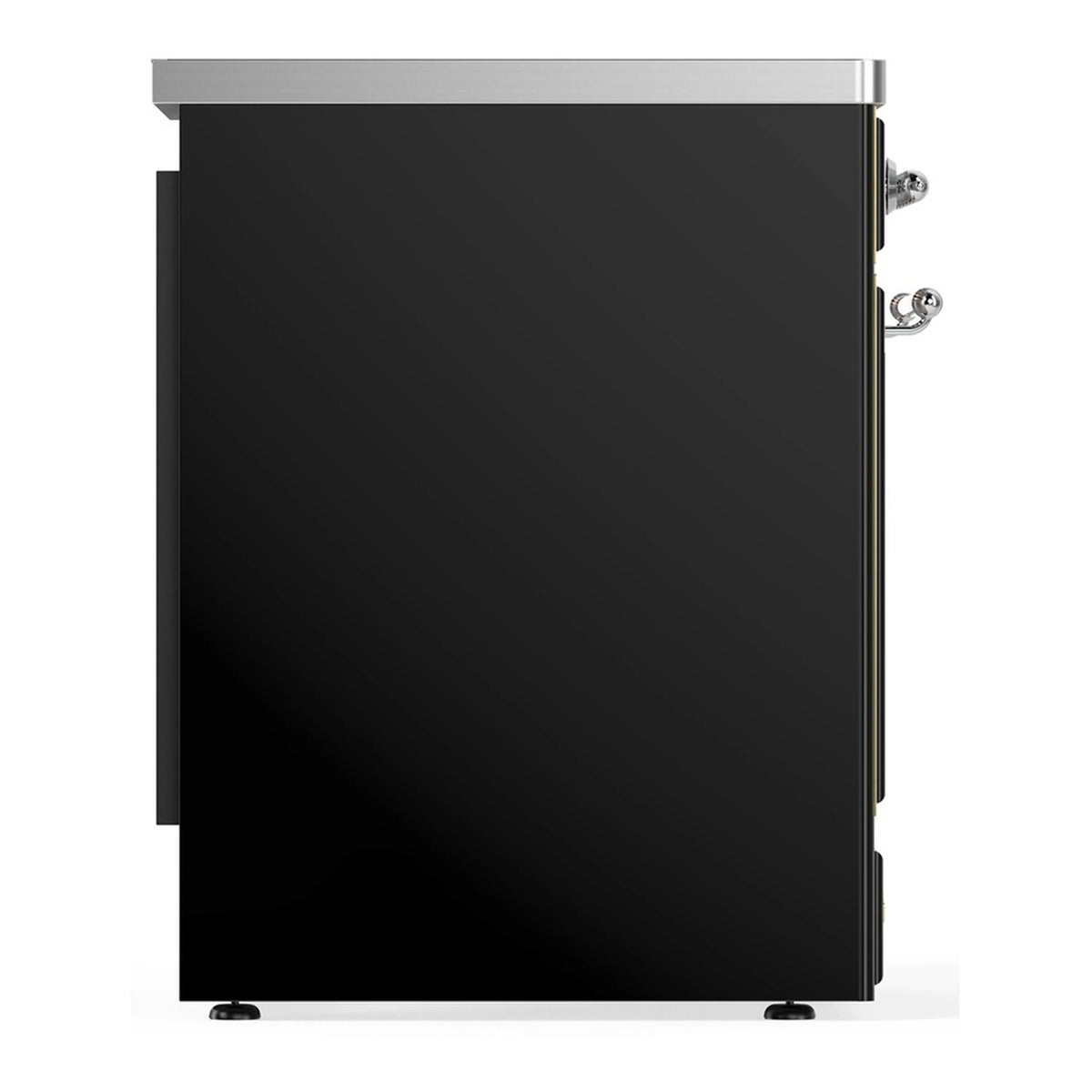 Induction range side view with glossy black panel and chrome side handle