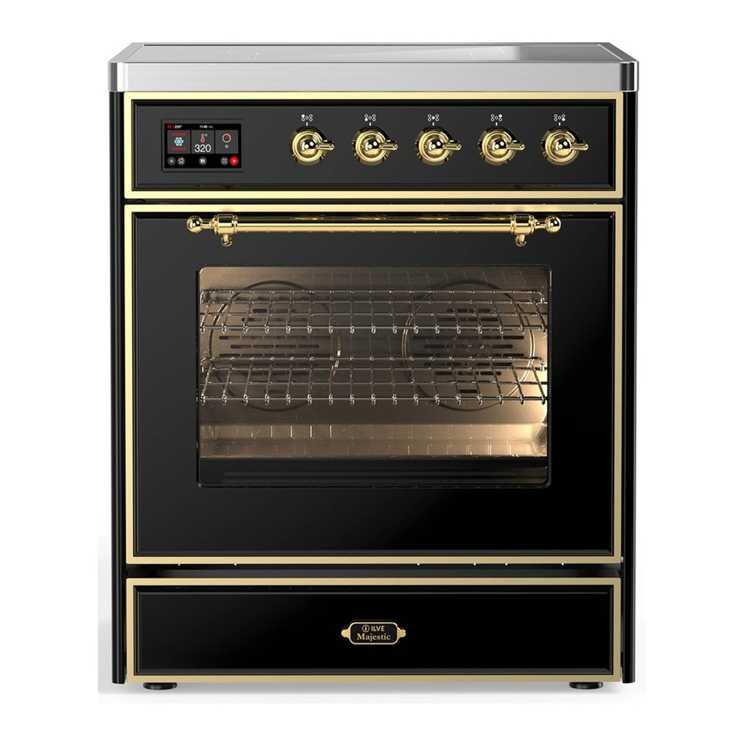 Glossy black induction range with brass trim, open oven door, and wire racks