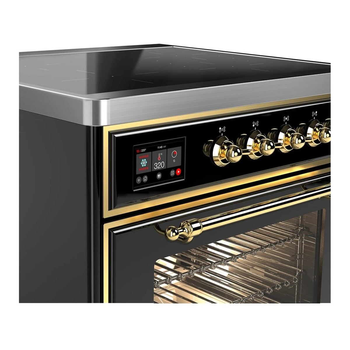 Black induction range control panel with brass knobs and digital display
