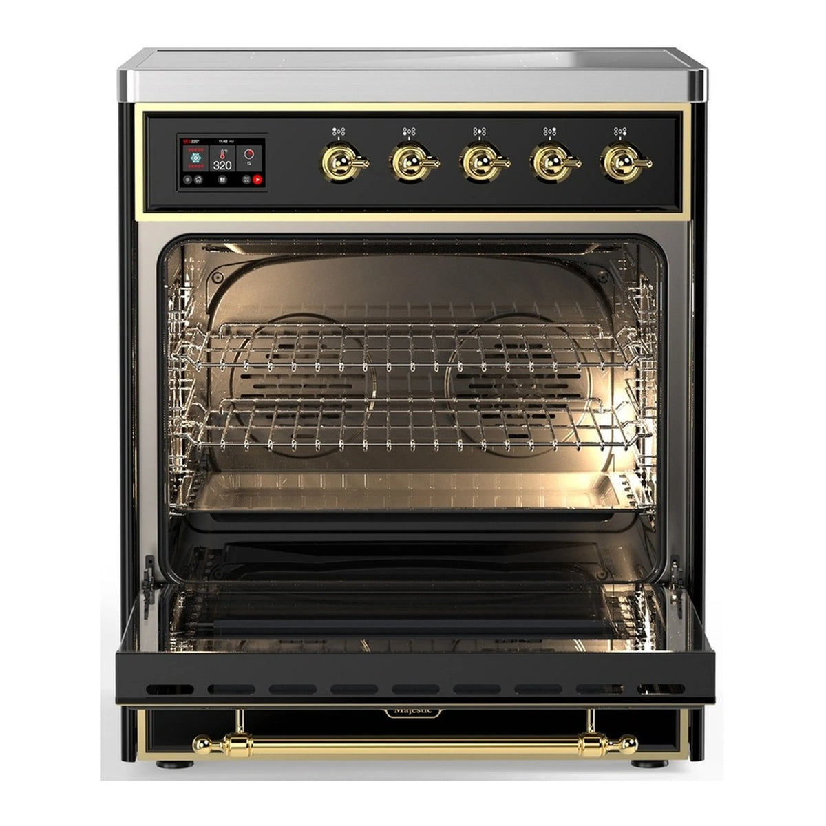 Induction oven door open showing wire racks inside, brass handle on glossy black range